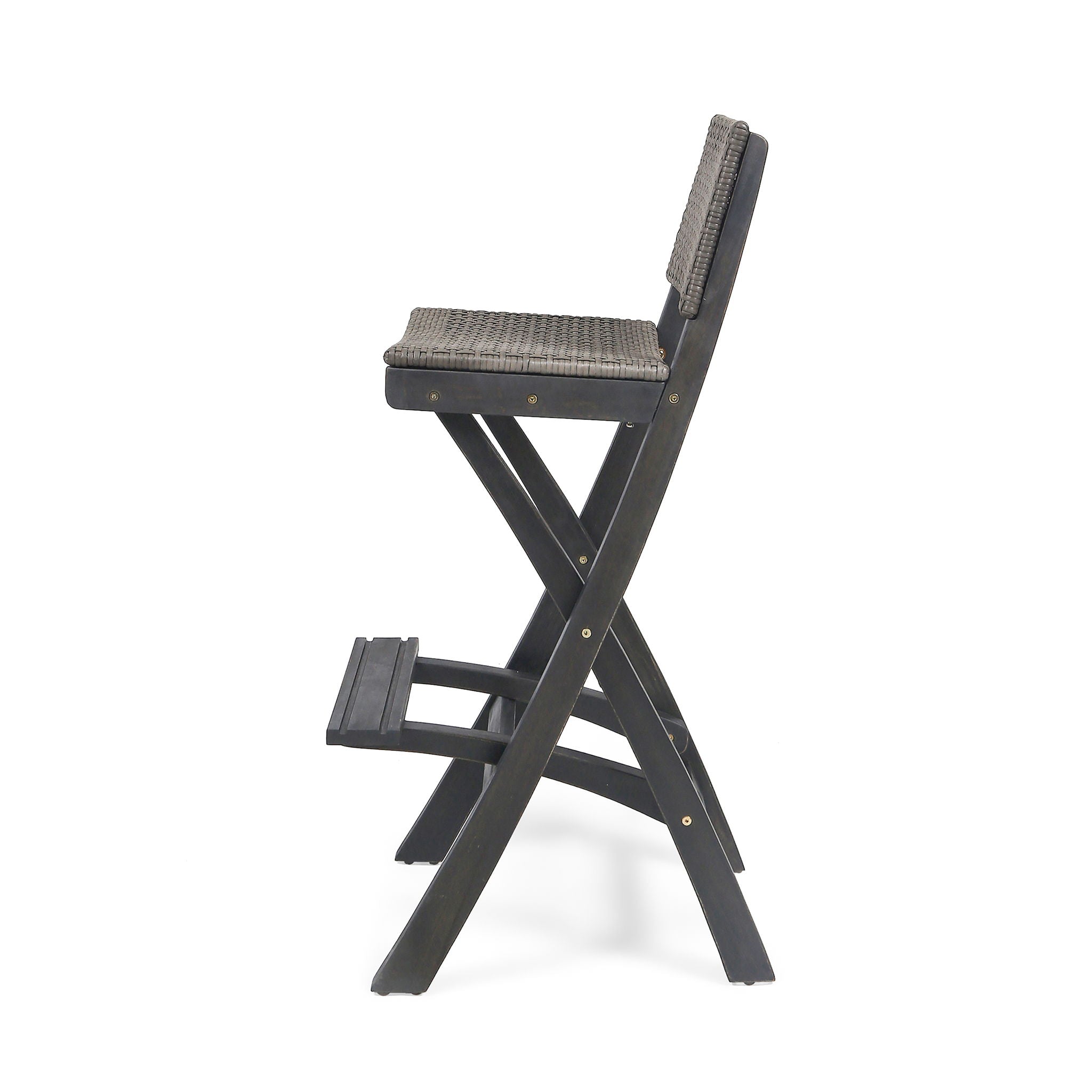 Outdoor Folding Acacia Wood Barstools With Rattan Backrest And Seat, (Set of 2) - Dark Gray