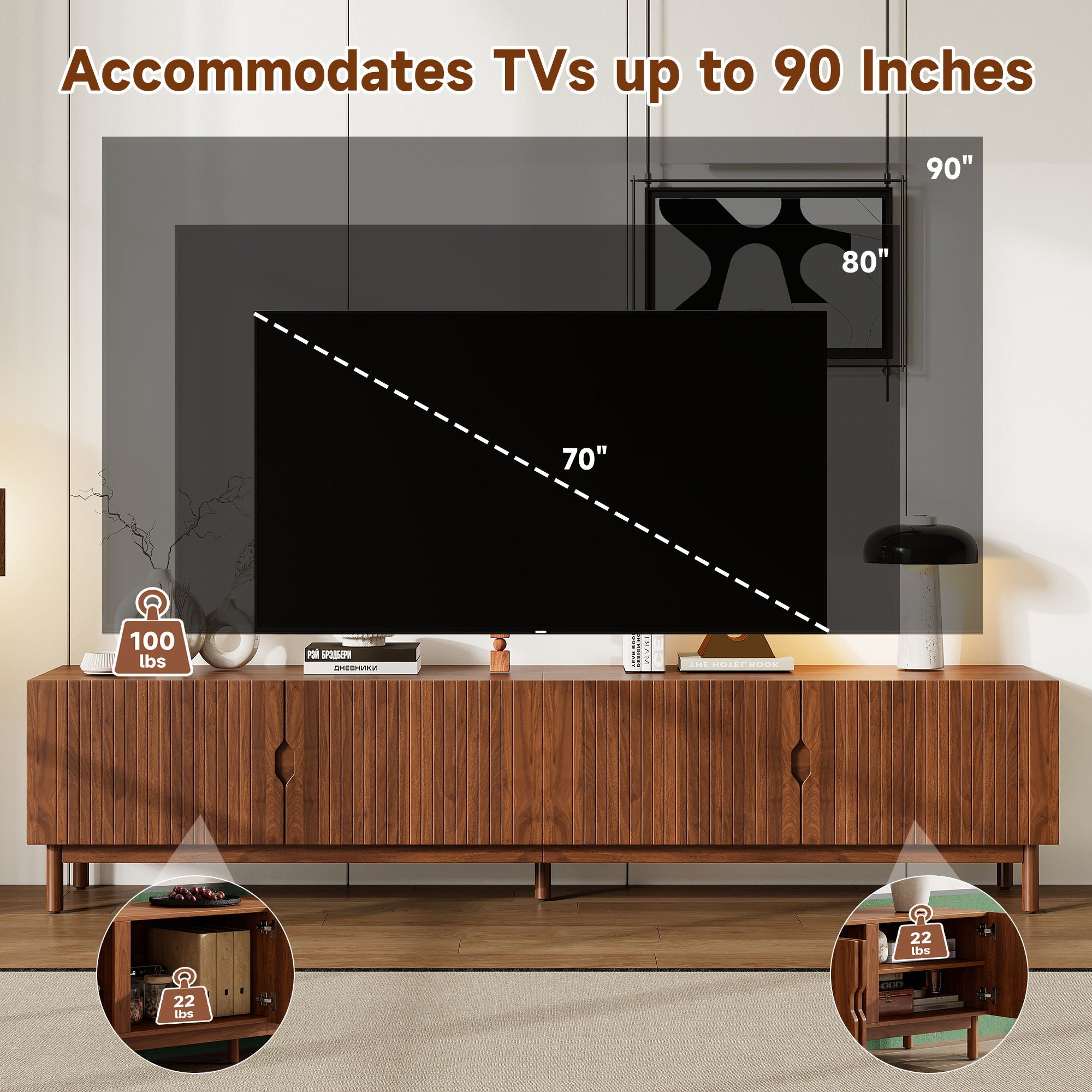 TV Stand With Legs, Media Console, 4 Cabinets For Living Room - Natural Wood