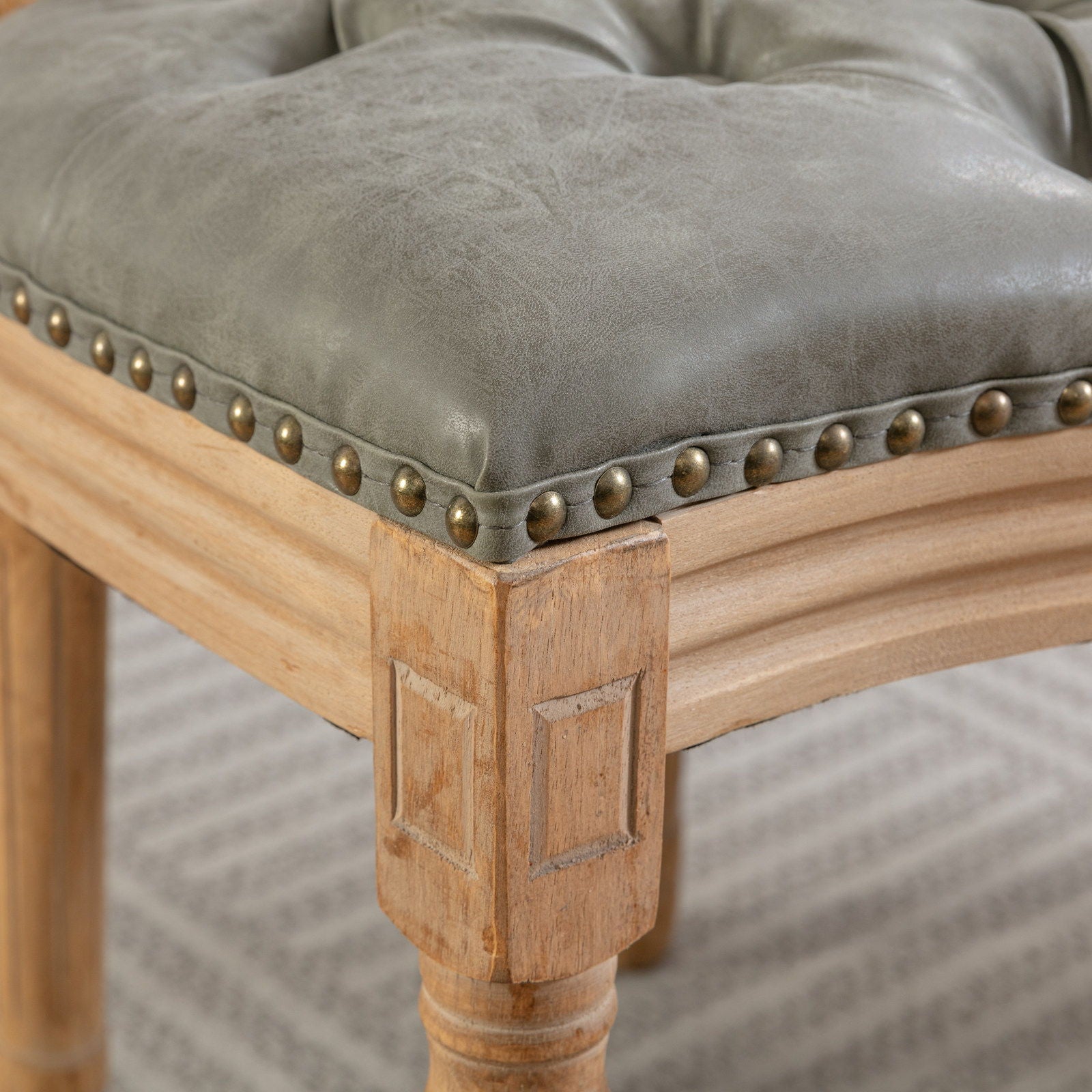 French Style Solid Wood Frame Antique Painting, Hand-Pulled Buckle Decoration Artificial Dining Chair With Nailhead Trim, Wood Legs