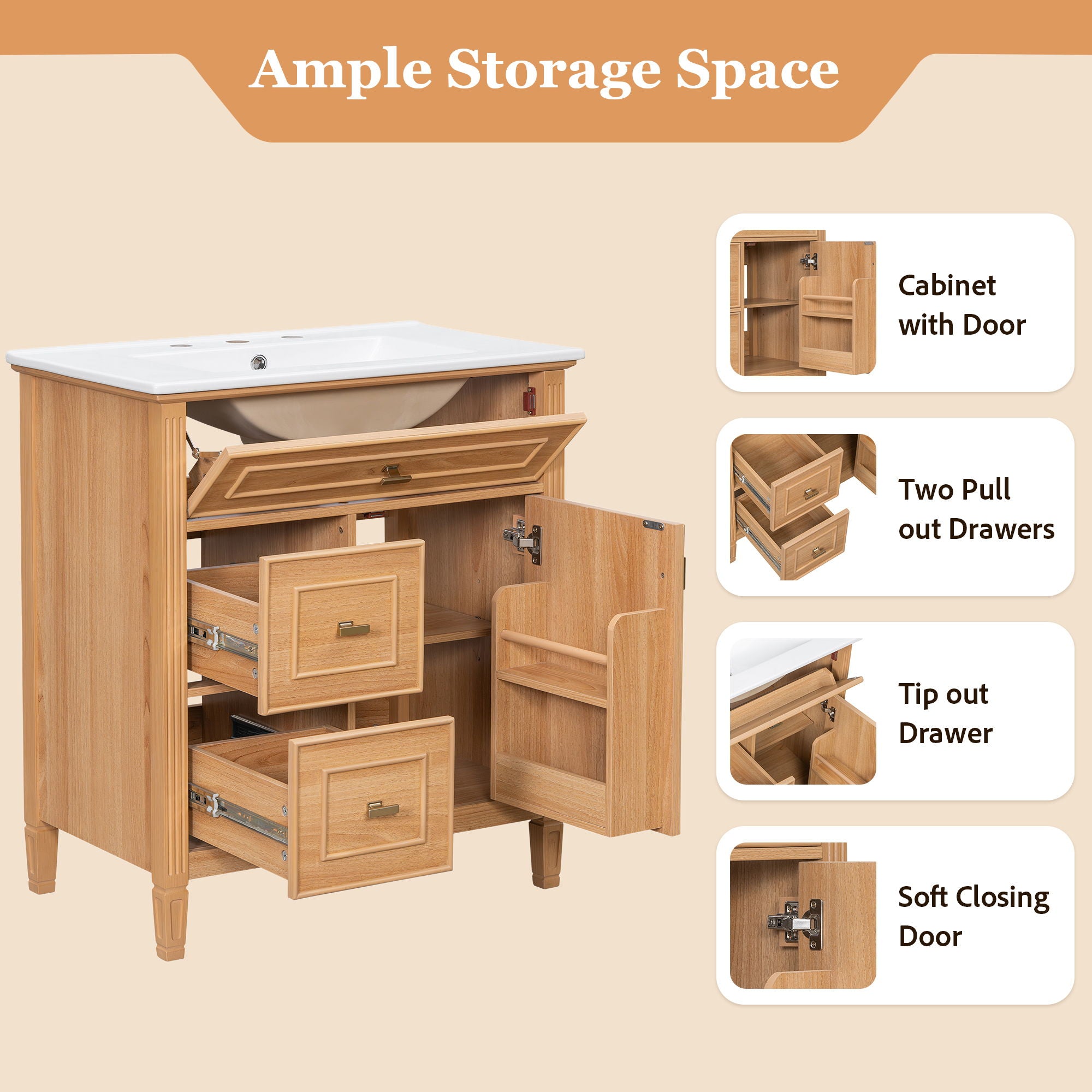 Bathroom Vanity With Sink, Flip Drawer & Adjustable Shelf - Natural