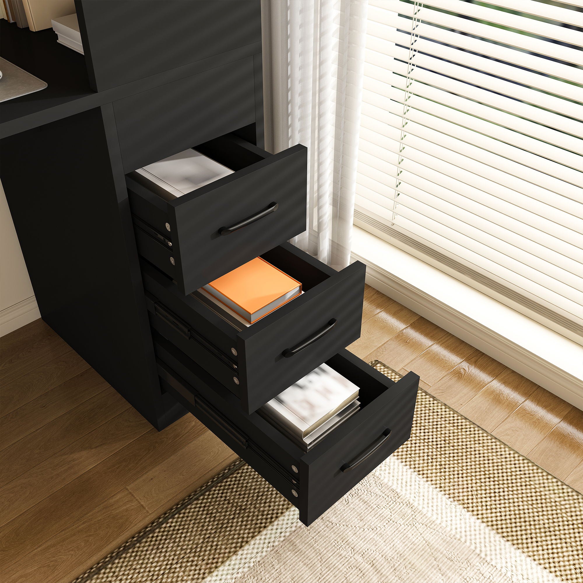 Computer Desk With 4 In 1 Socket & 3 Drawers, 4 Tier Shelves