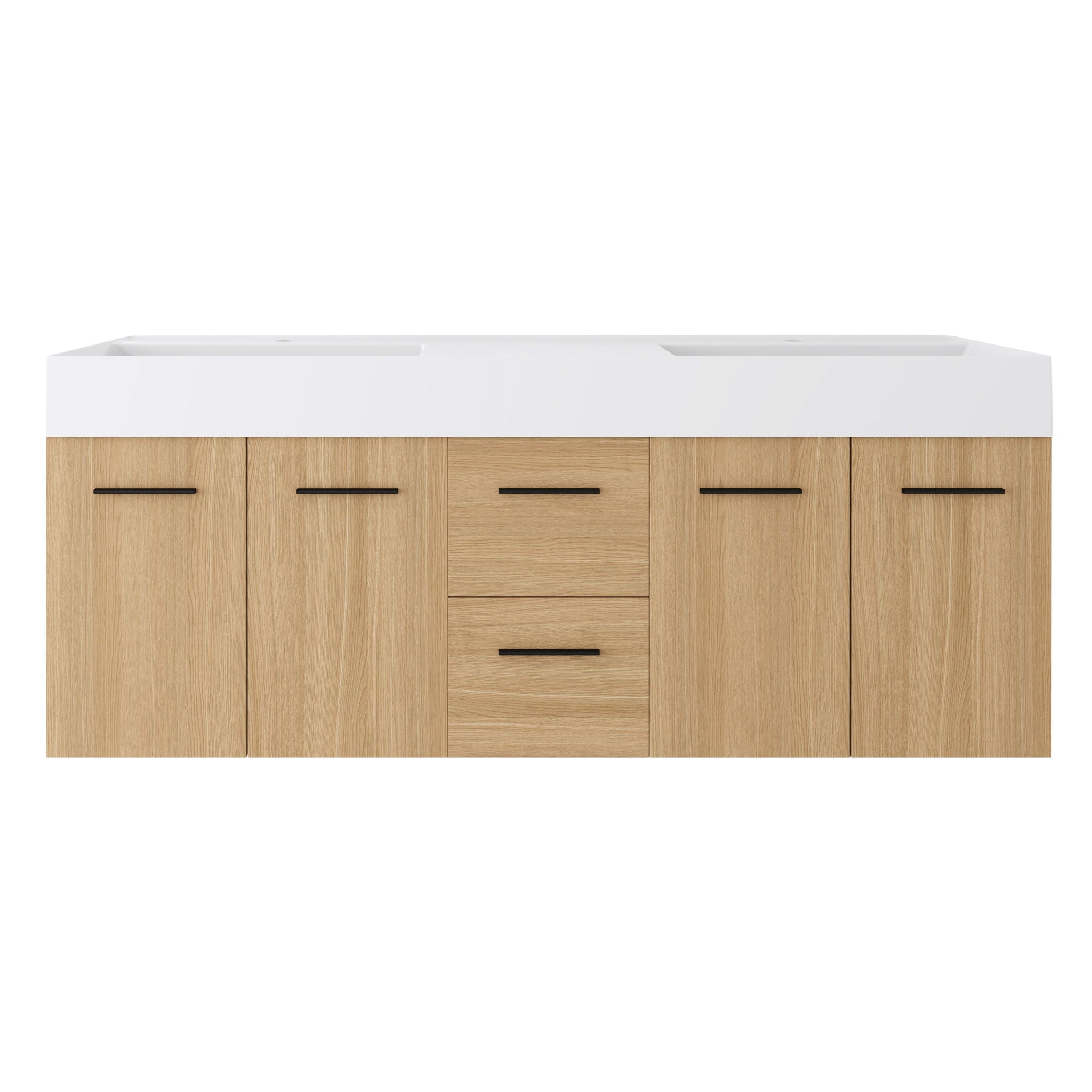 Floating Double Sink Bathroom Vanity With Drawers And Doors, Extra Large Storage, Integrated Sink, Soft Close Hardware - Glossy White / Light Oak