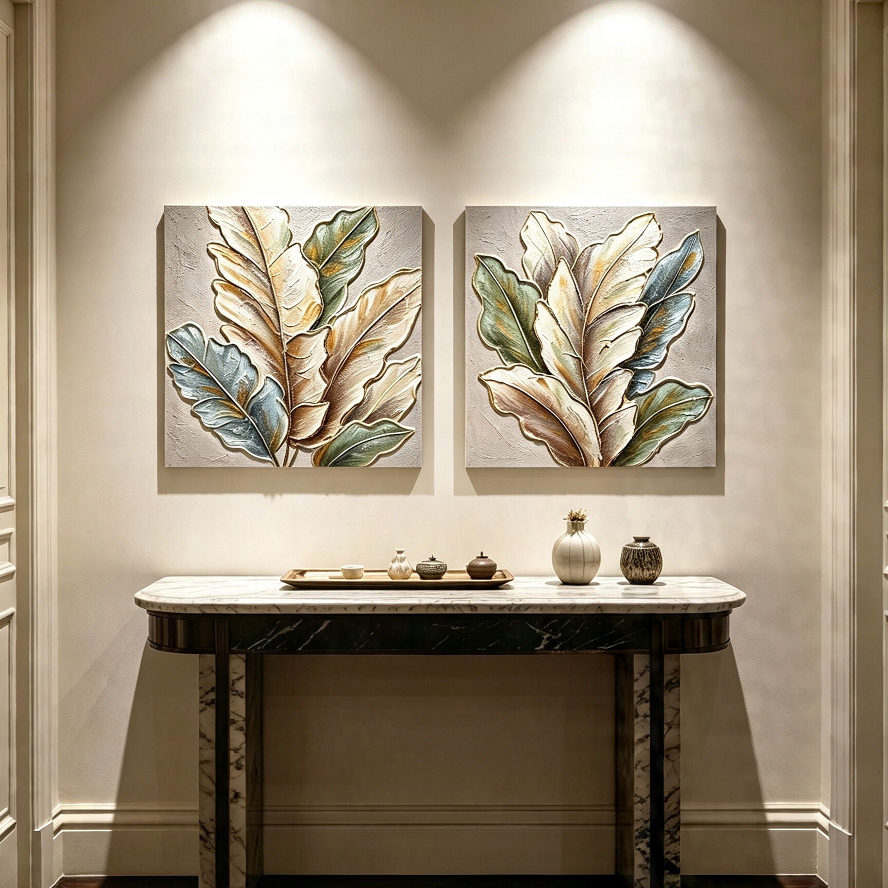Botanical Leaf Wall Art, Textured Canvas Painting With Accents, Framed Decor For Living Room (Set of 2) - Green Leaf