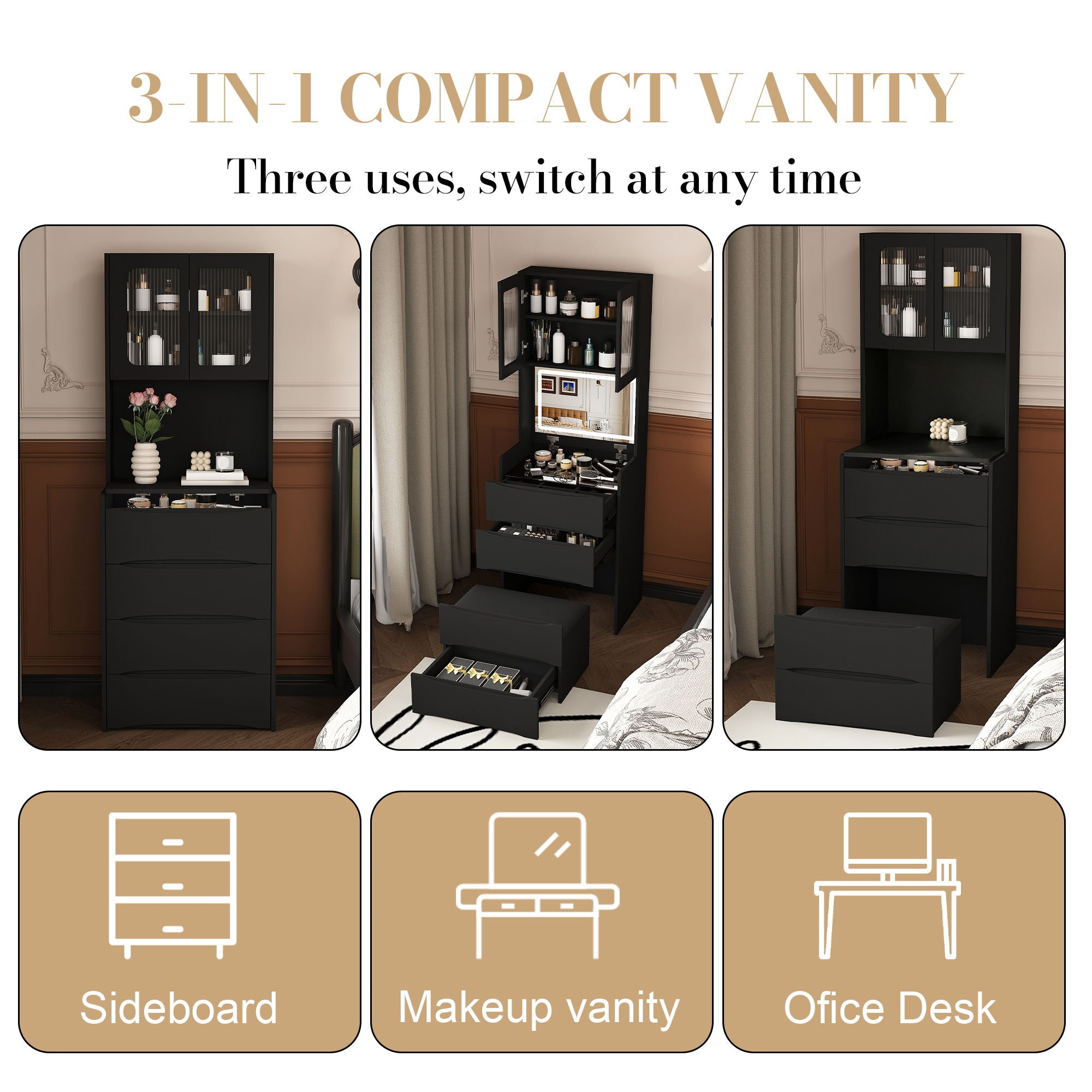 3 In 1 Vanity Table With LED Mirror & Storage Stool For Bedroom