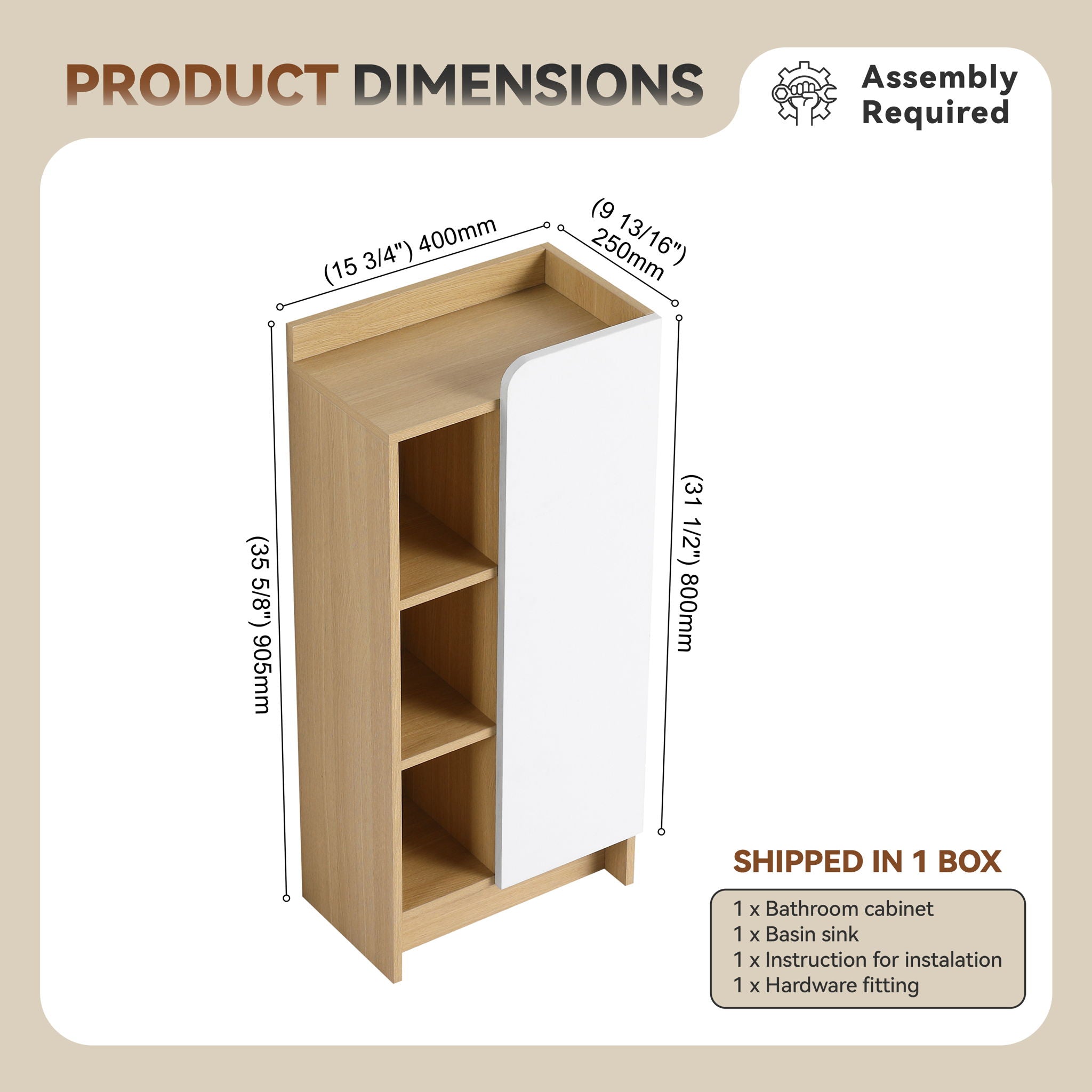 Freestanding Bathroom Side Cabinet, Narrow Storage Cabinet With Single Door & 3 Tier Open Shelves - Black / Light Oak / White