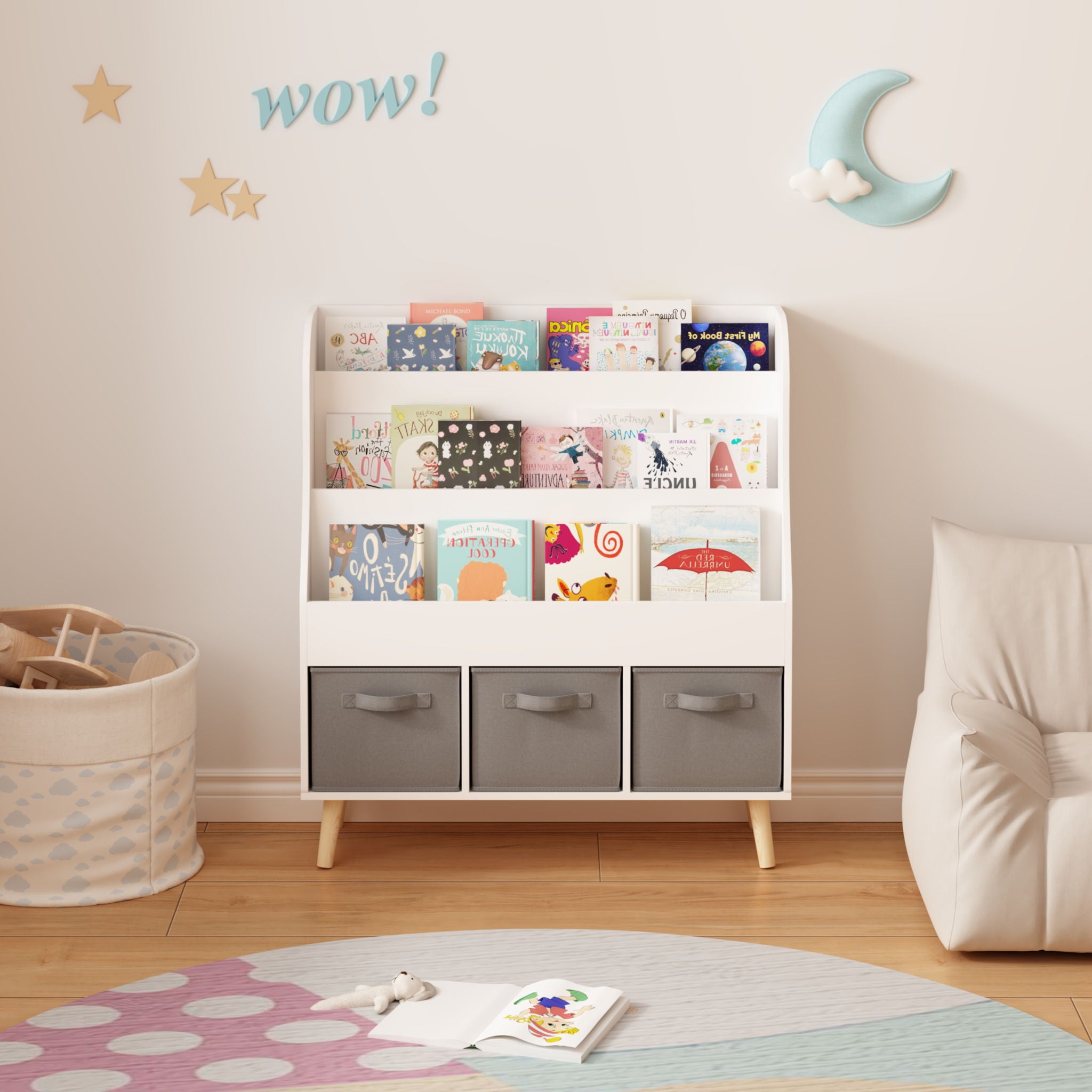 Bookshelf With 3 Bins, Storage Shelf For Toys And Books