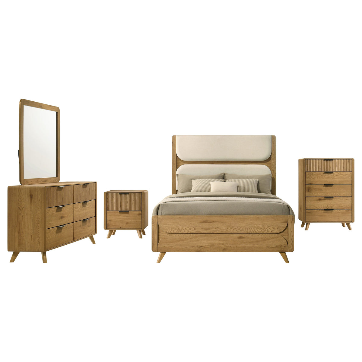 Bennett Cream Upholstered 5-Piece Mid-Century Bedroom Set Light Oak