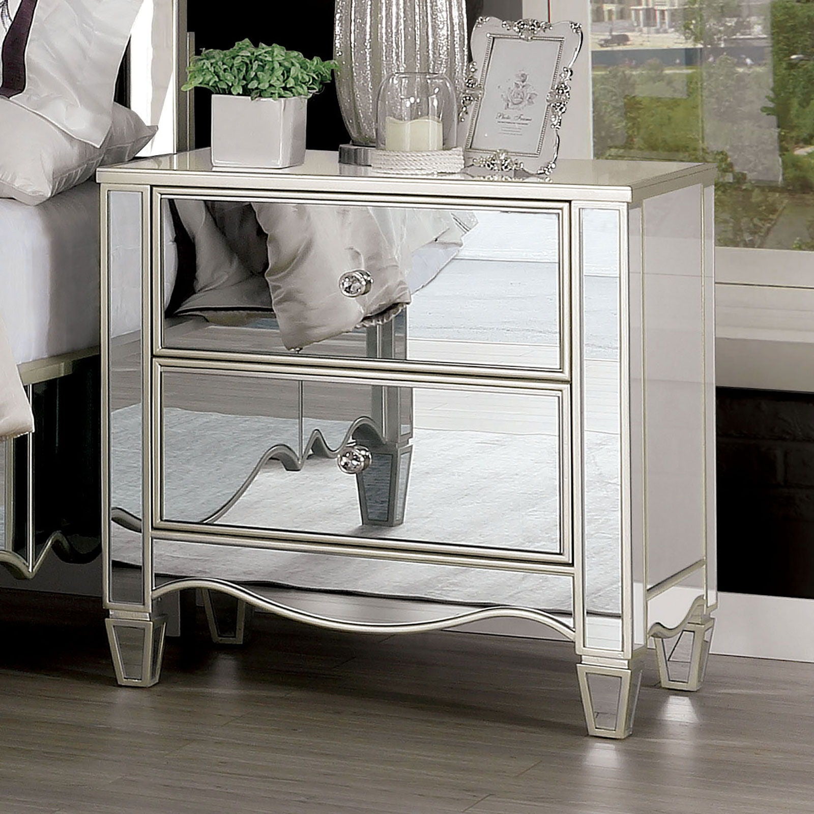 Nightstand With Mirror Panels - Silver