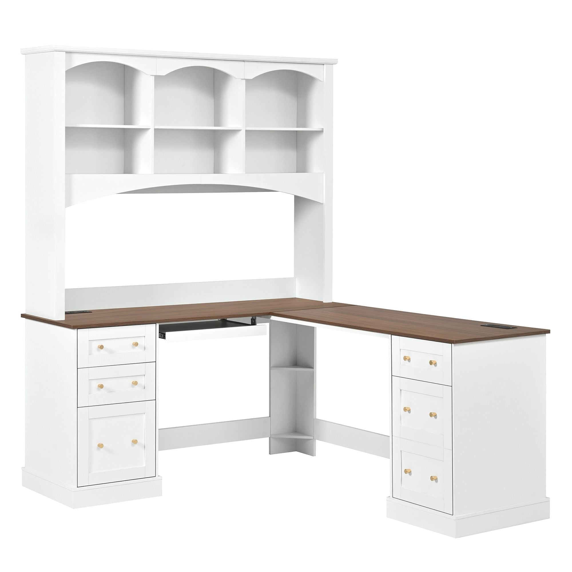 Space Saving L-Shaped Computer Desk With Keyboard Tray & Charging Stations