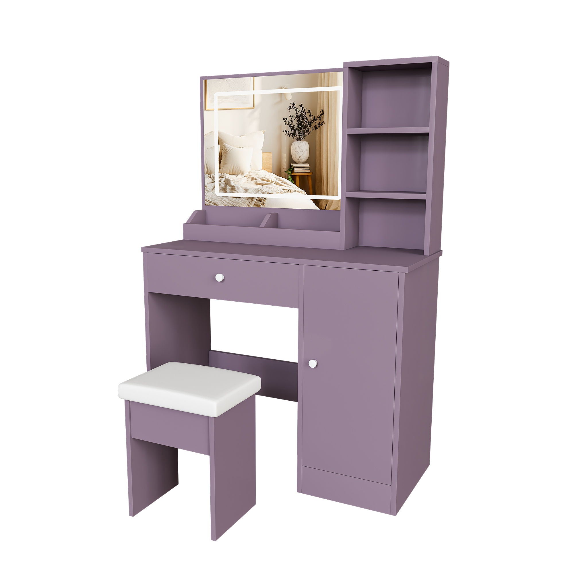 Vanity Desk Set With Padded Stool & Adjustable LED Mirror, 3 Color Mode Lighting, Compact For Bedroom - Purple