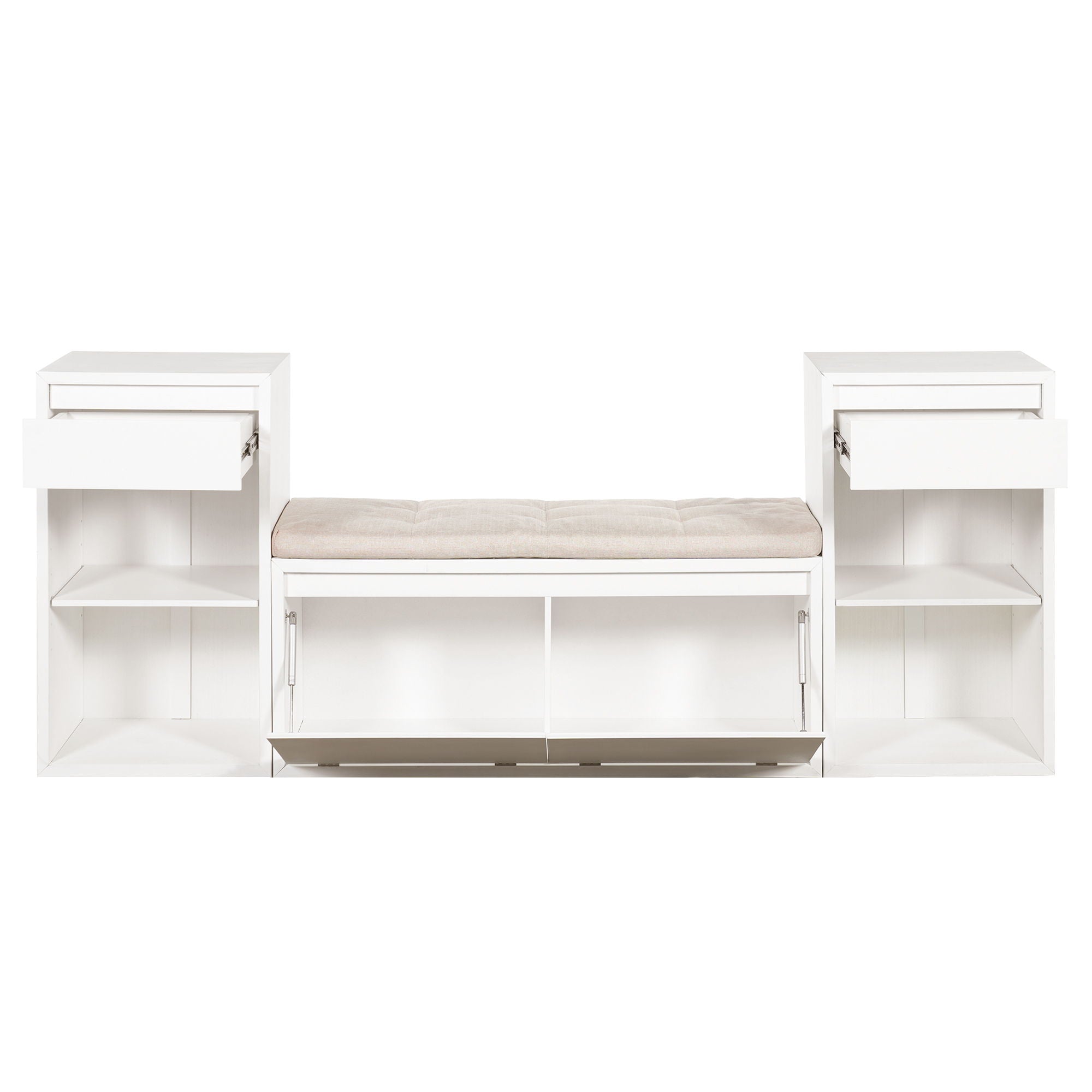 Entryway Storage Bench With Cushion, Drawers & Open Shelves