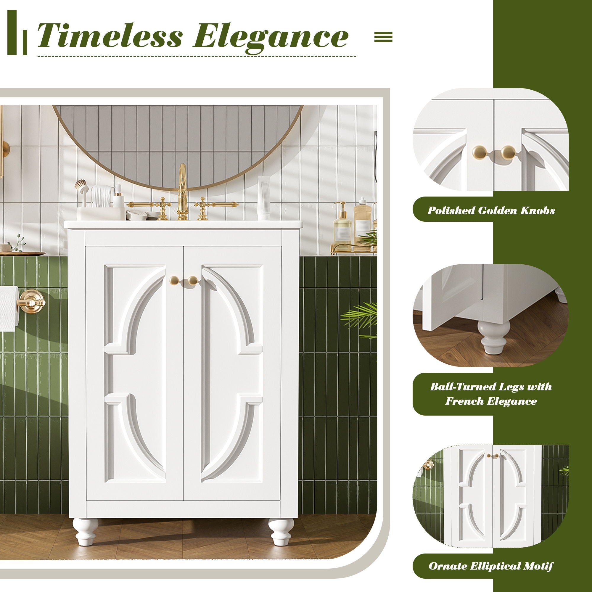 Bathroom Vanity With Ornate Elliptical Motif, Soft Close Hinges