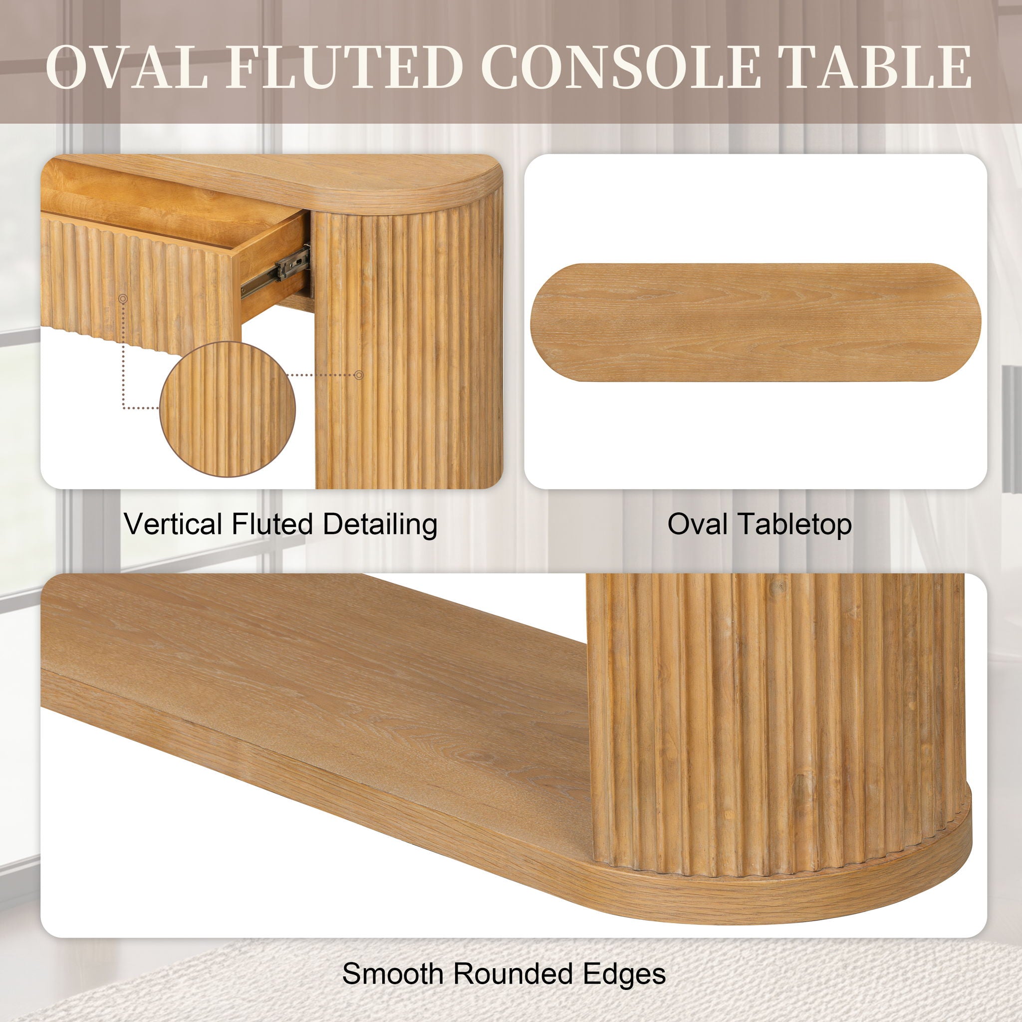Oval Fluted Console Table With 2 Drawers And Bottom Shelf