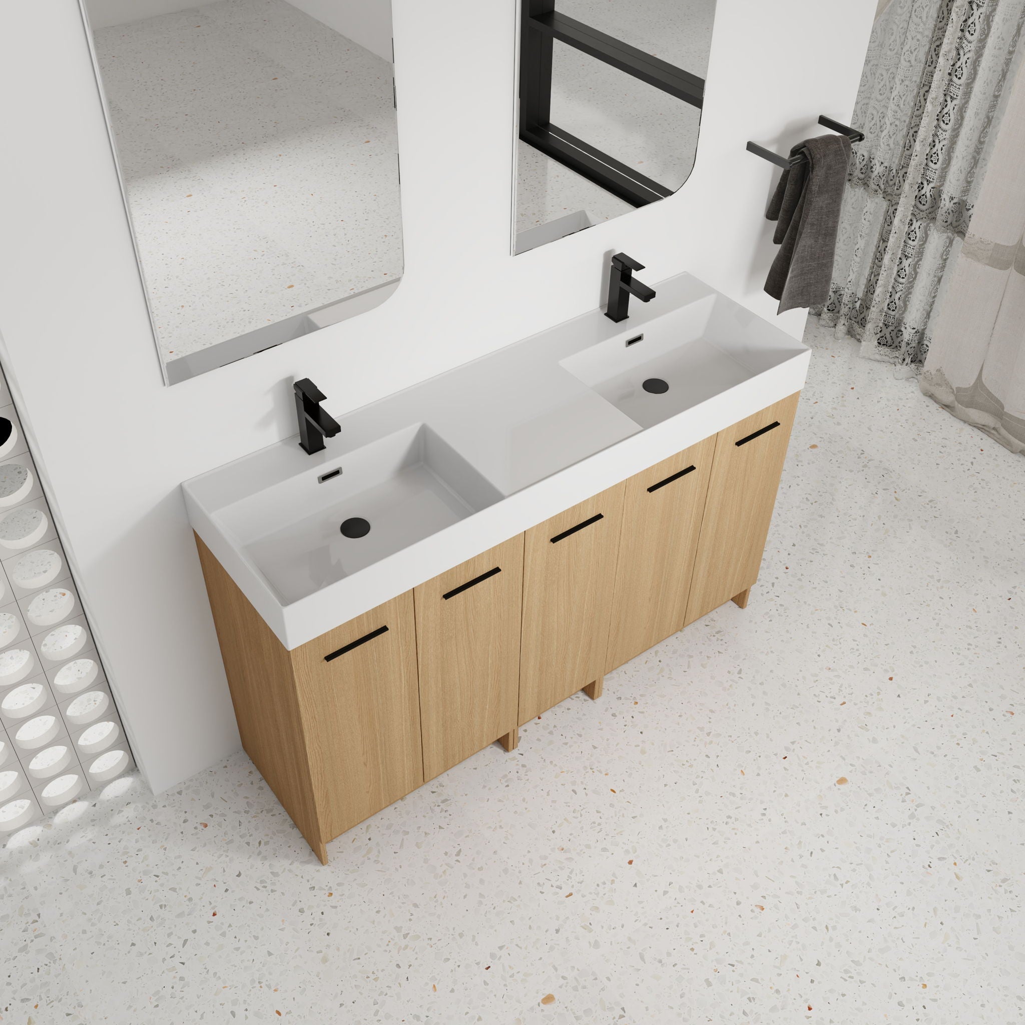 Double Sink Bathroom Vanity With Extra Large Storage, Integrated Sink, Freestanding Cabinet, Soft Close Doors - Glossy White / Light Oak