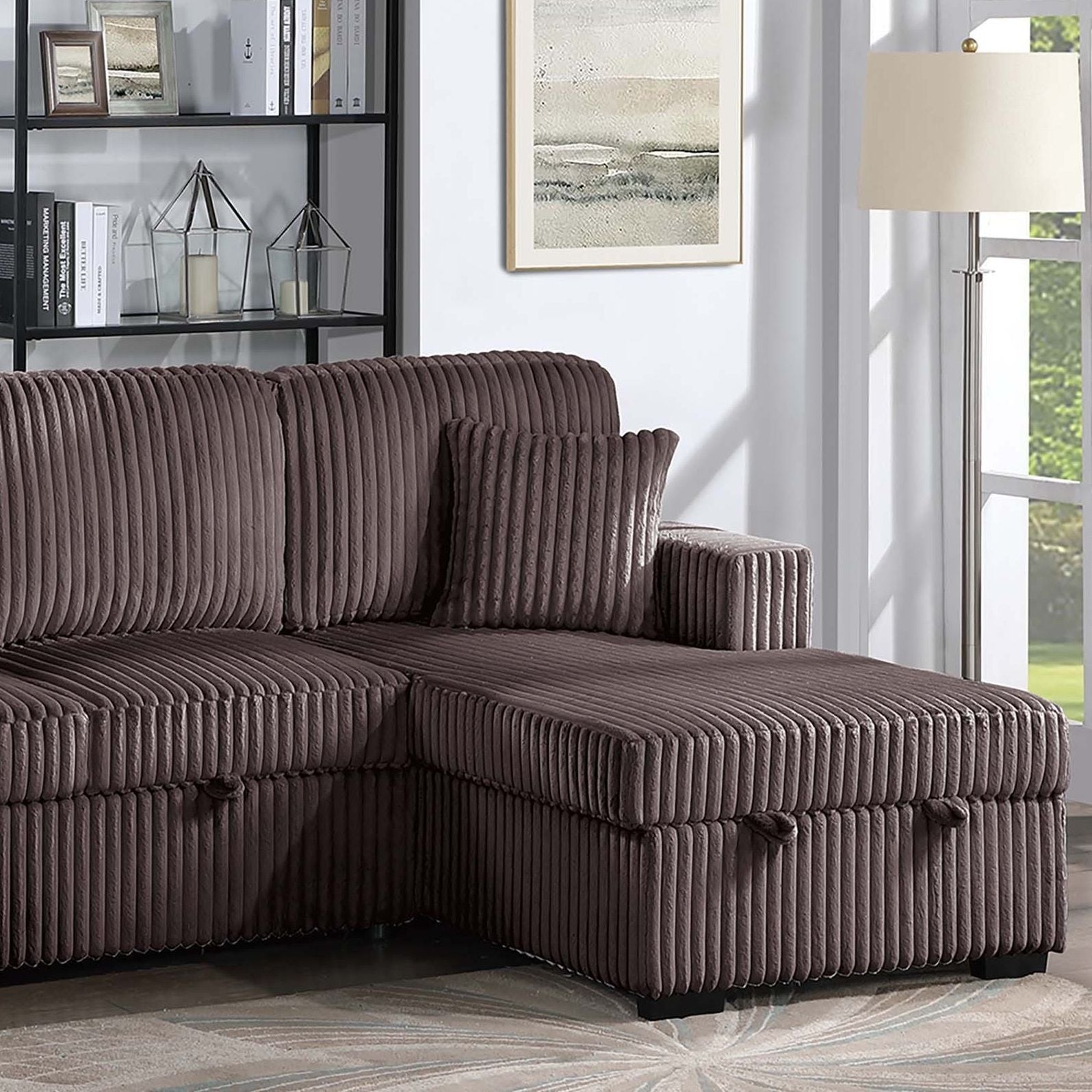 Convertible Sectional, Storage Chaises, Pull Out Middle Section - Chocolate