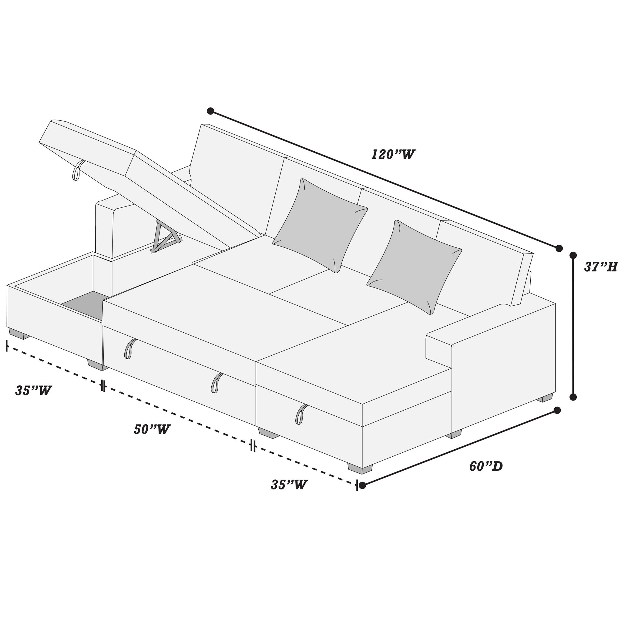 Convertible Sectional, Storage Chaises, Pull Out Middle Section - Chocolate