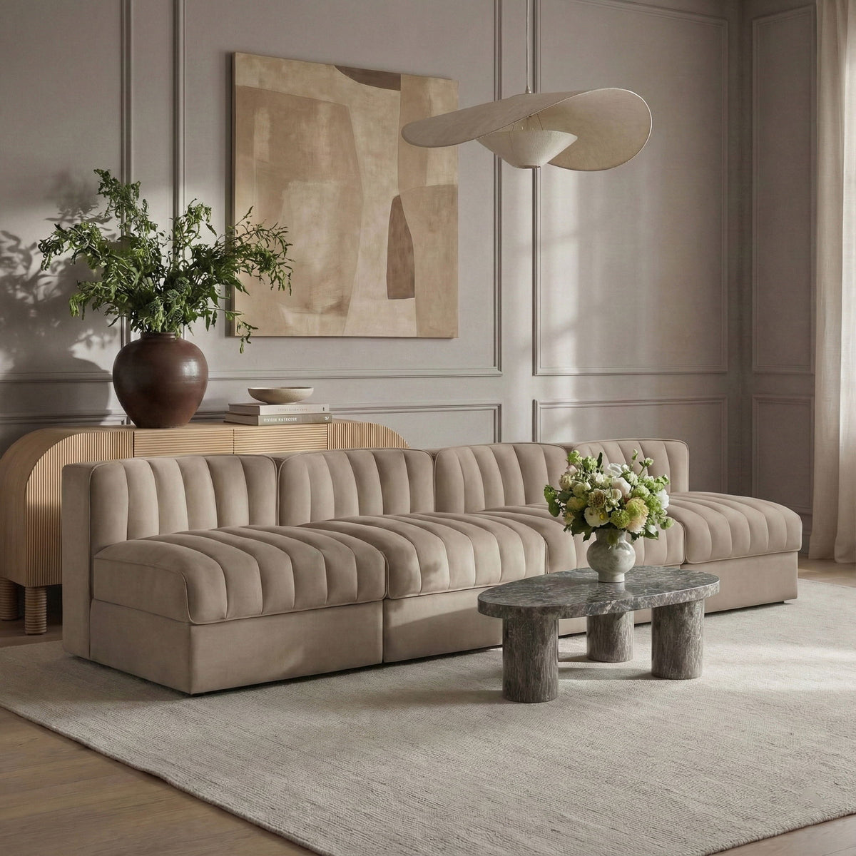 Rummi - Armless Velvet Performance Fabric Upholstered 4 Piece Modular Sofa