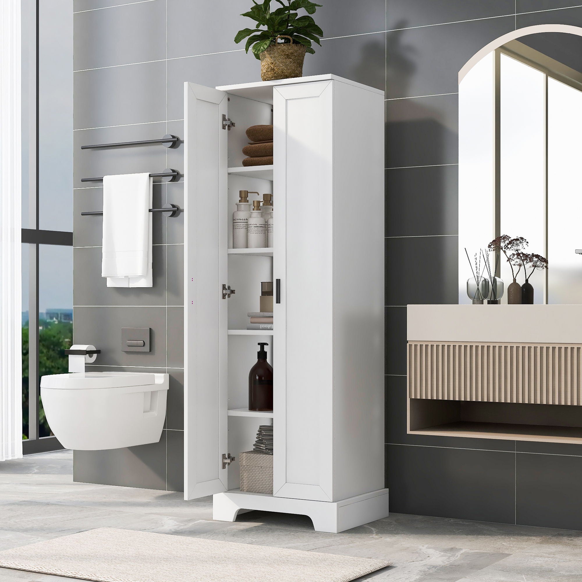 Storage Cabinet With 2 Doors For Bathroom Or Office, Adjustable Shelf - White