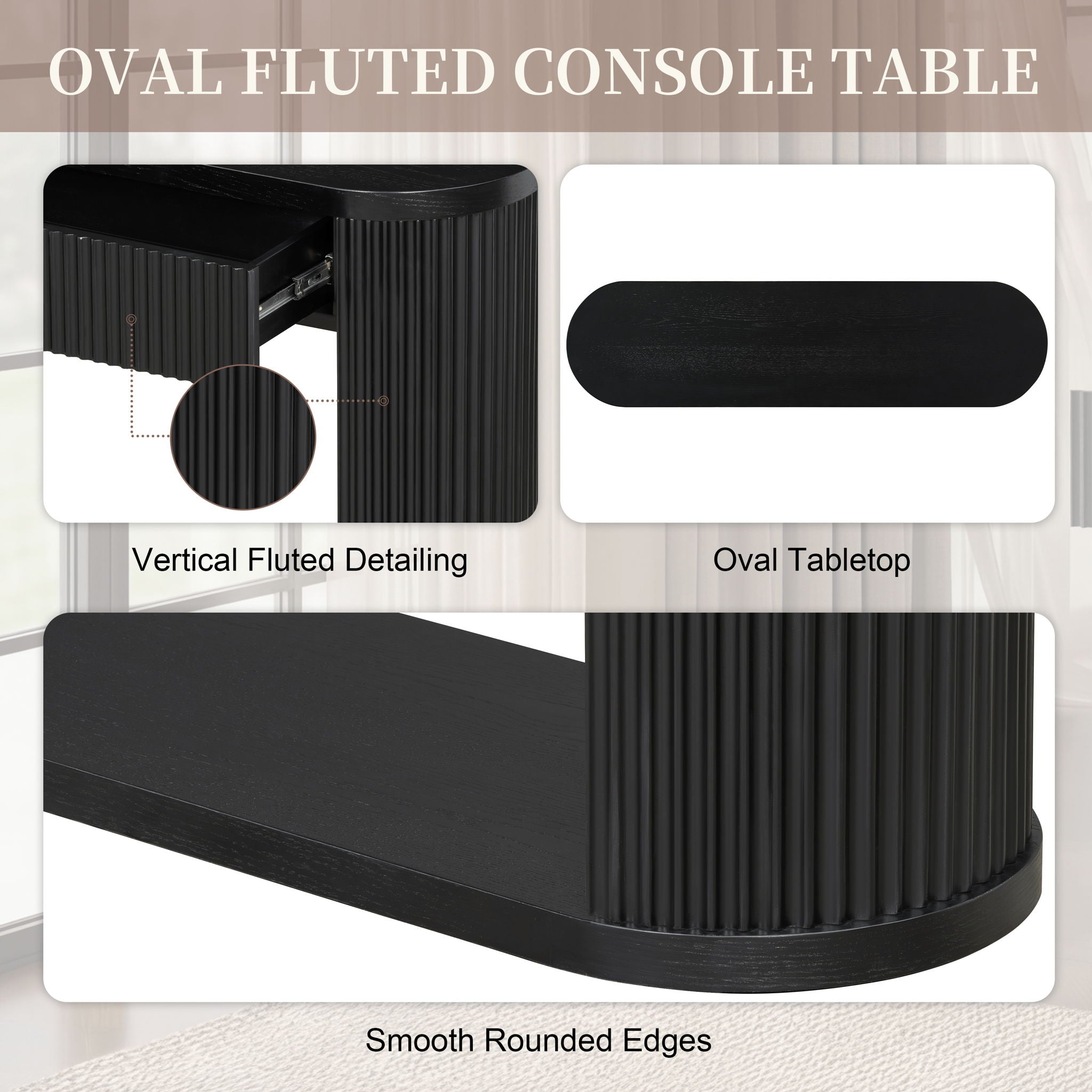 Oval Fluted Console Table With 2 Drawers And Bottom Shelf