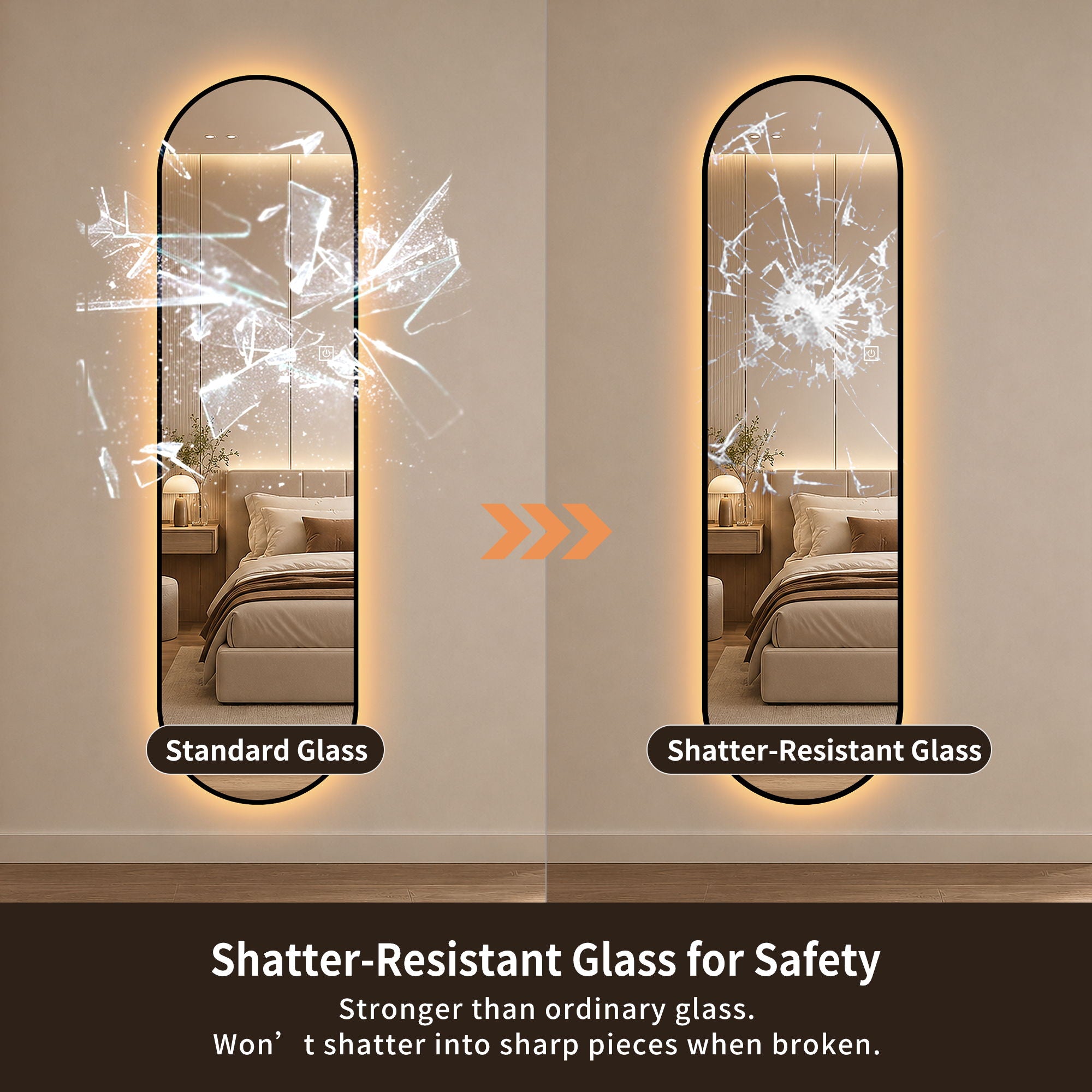 Capsule Shaped Dimmable LED Full Length Wall Mirror With Frame - Silver