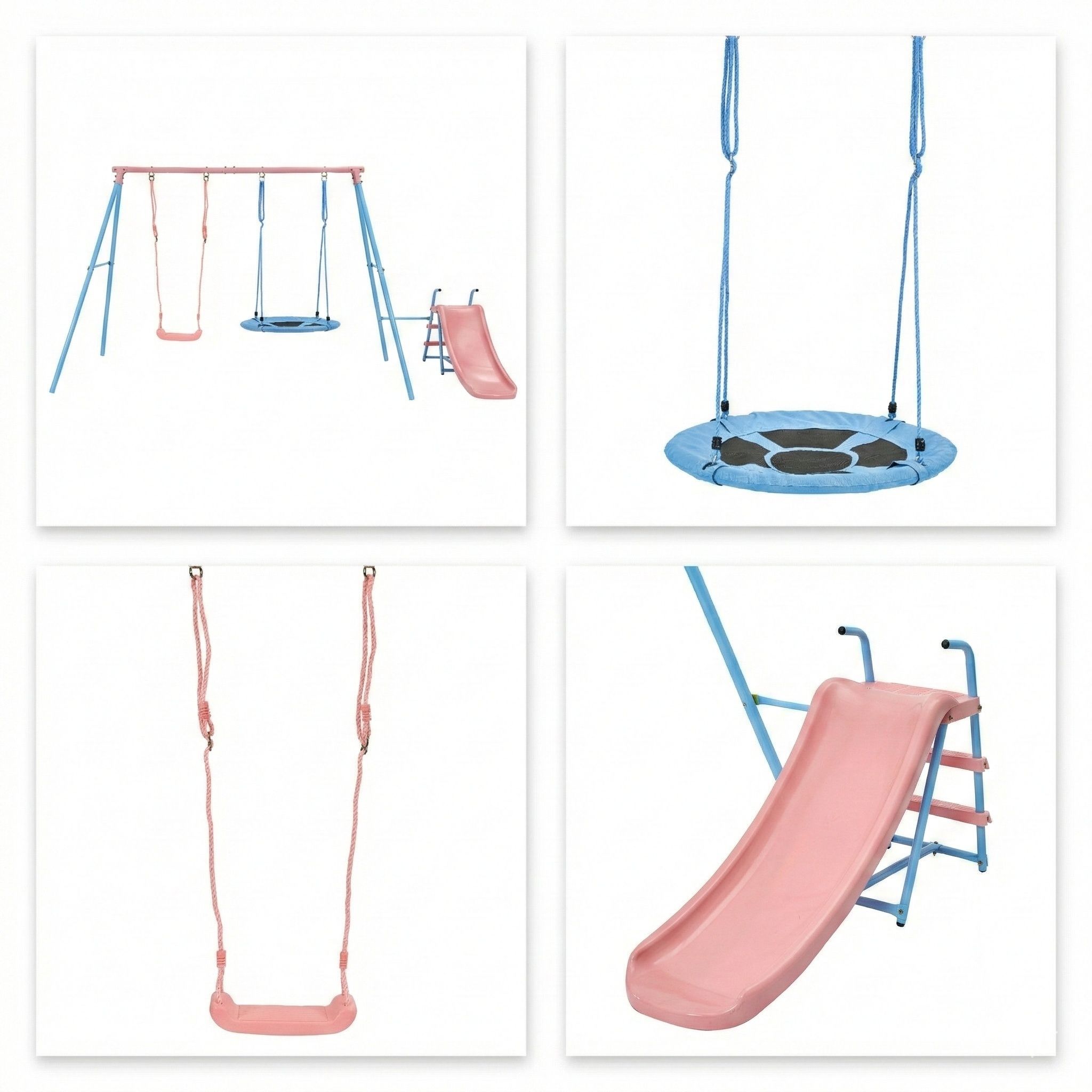 Xns107 - 2 Swing Set With Slide For Outdoor - Blue / Pink