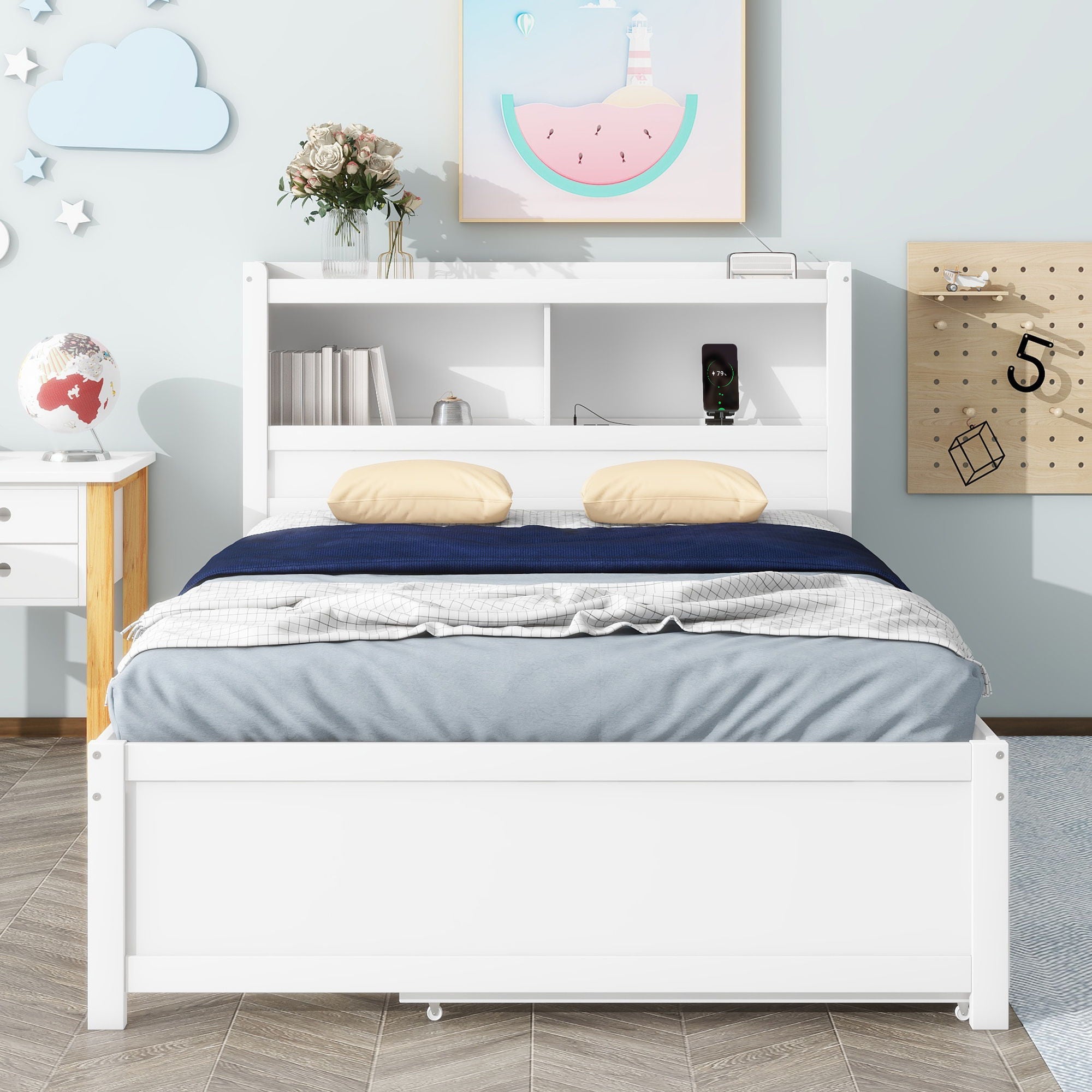 Platform Bed With Trundle, Drawers, USB Ports And Built In Shelves