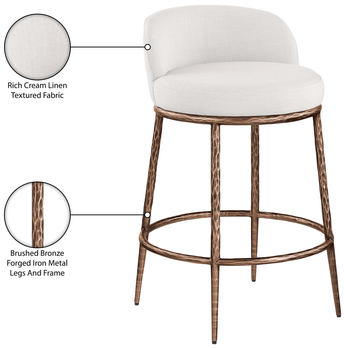 Ferro - Linen Textured Performance Fabric Upholstered Counter Stool - Cream / Brushed Bronze