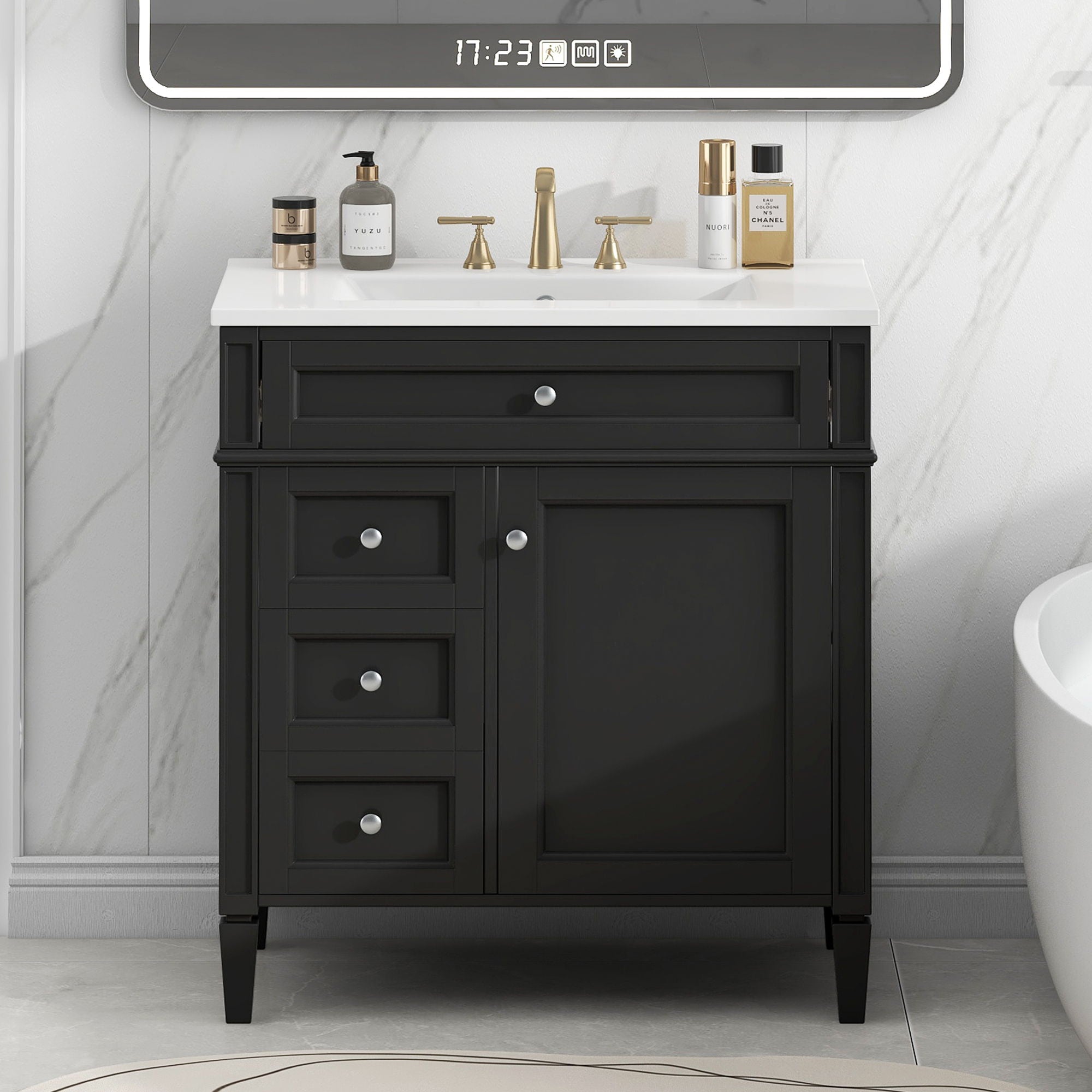 Bathroom Vanity With Top Sink, 3 Drawer Storage Cabinet, Rectangular Design - Black