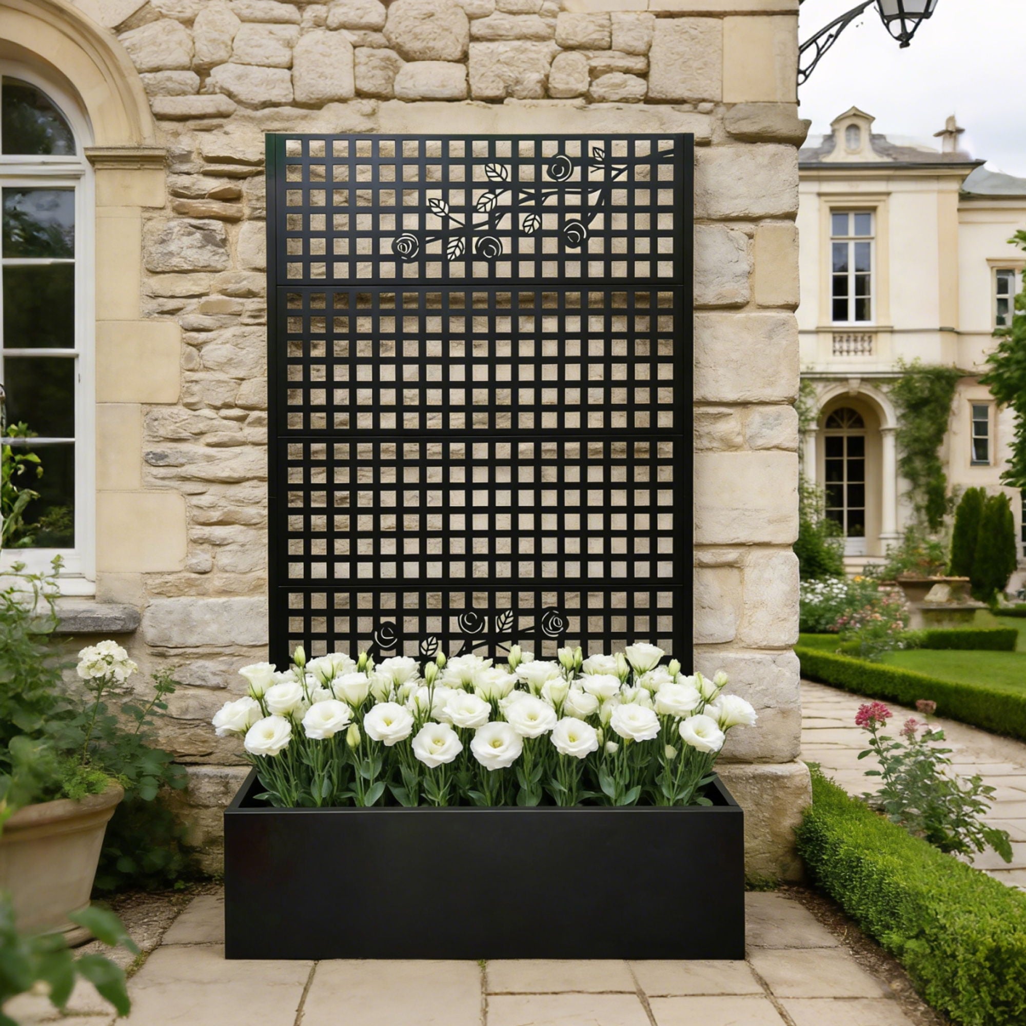 Planter Box With Trellis, Outdoor Raised Garden Bed With Privacy Screen Lattice Panels For Patio - Black