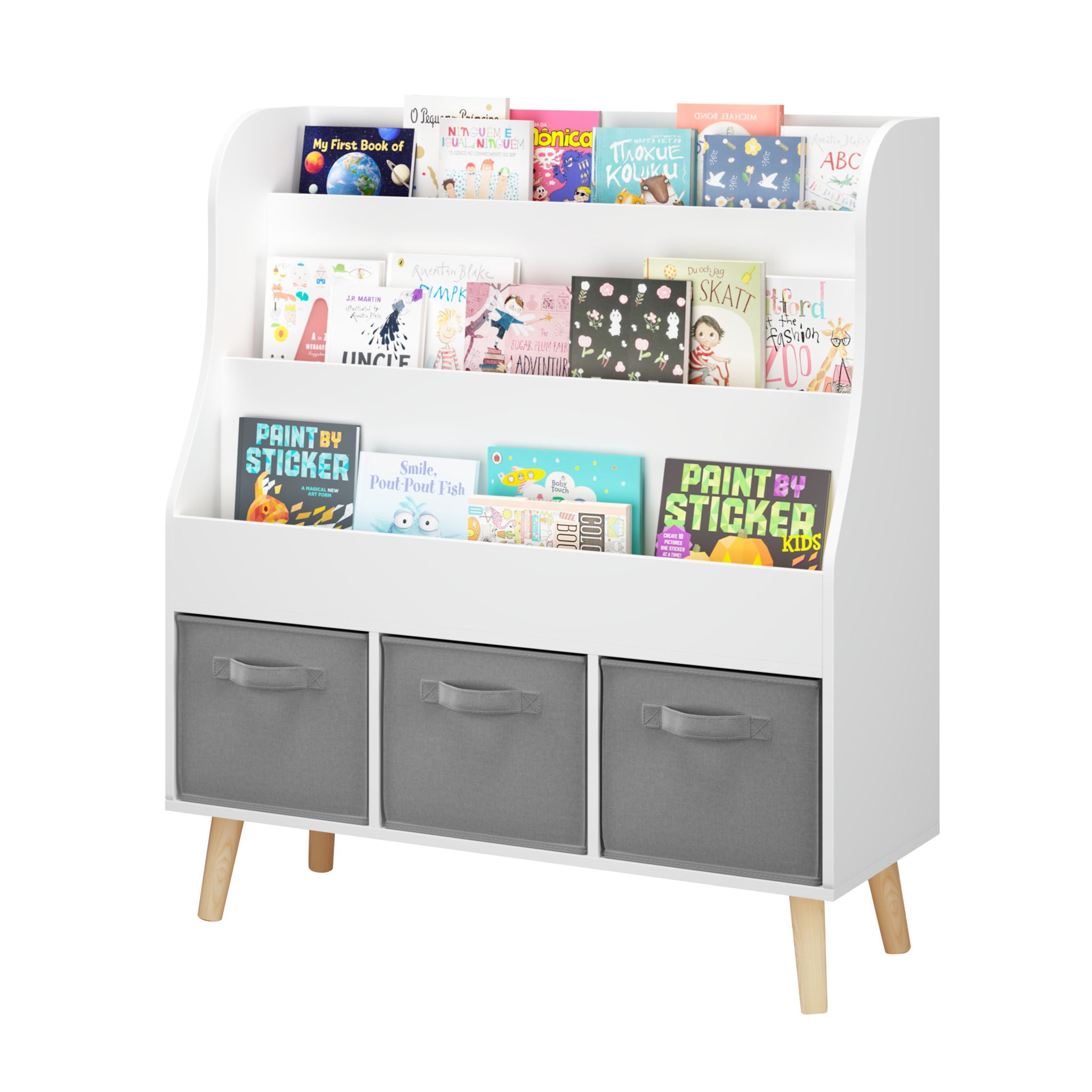 Bookshelf With 3 Bins, Storage Shelf For Toys And Books