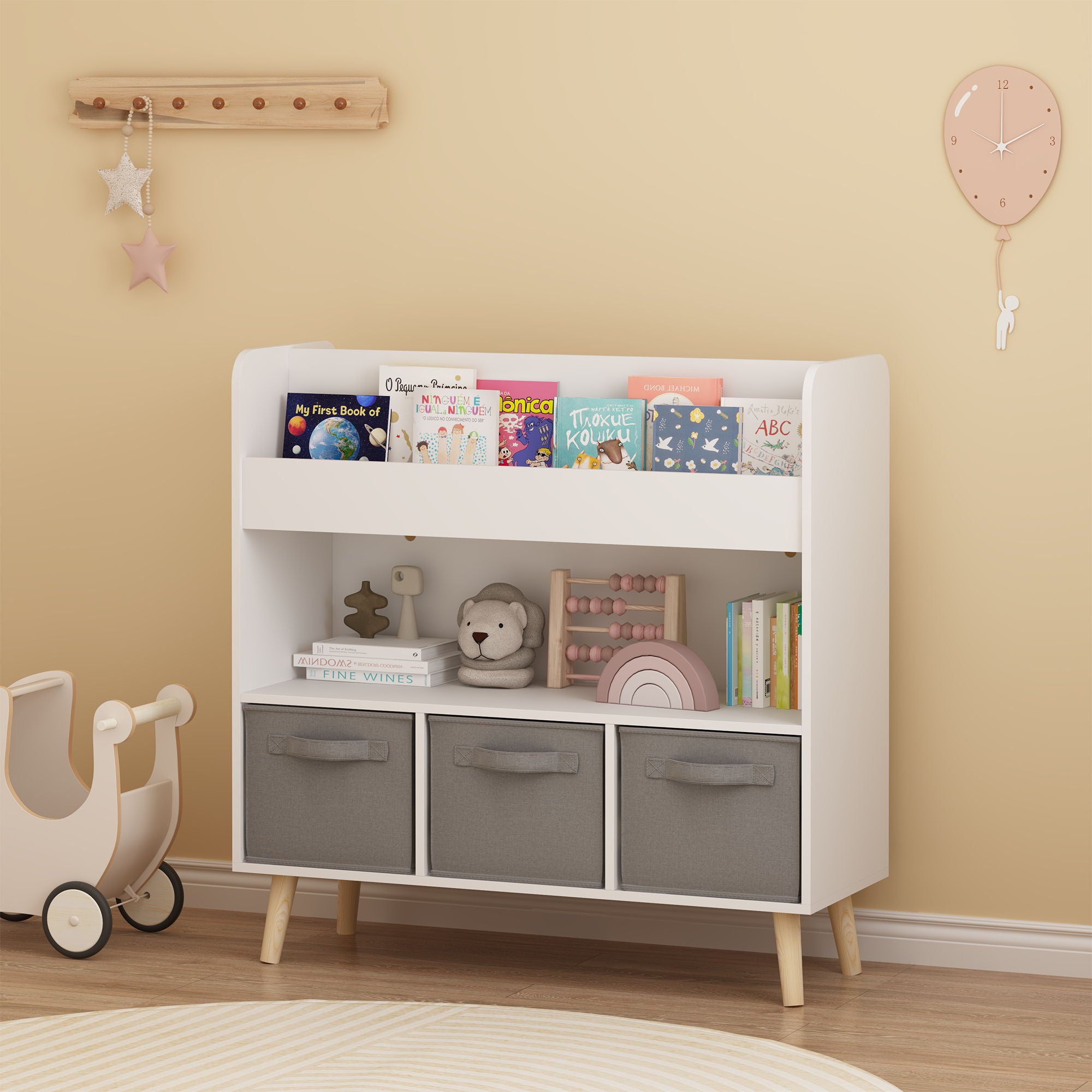 Bookshelf With 3 Bins, Storage Shelf For Toys And Books