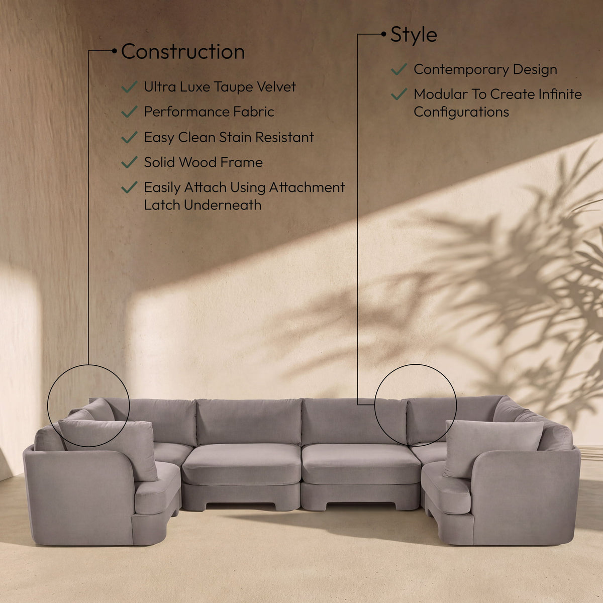 Hammond - Velvet Performance Fabric Upholstered 6 Piece U-Shaped Sectional