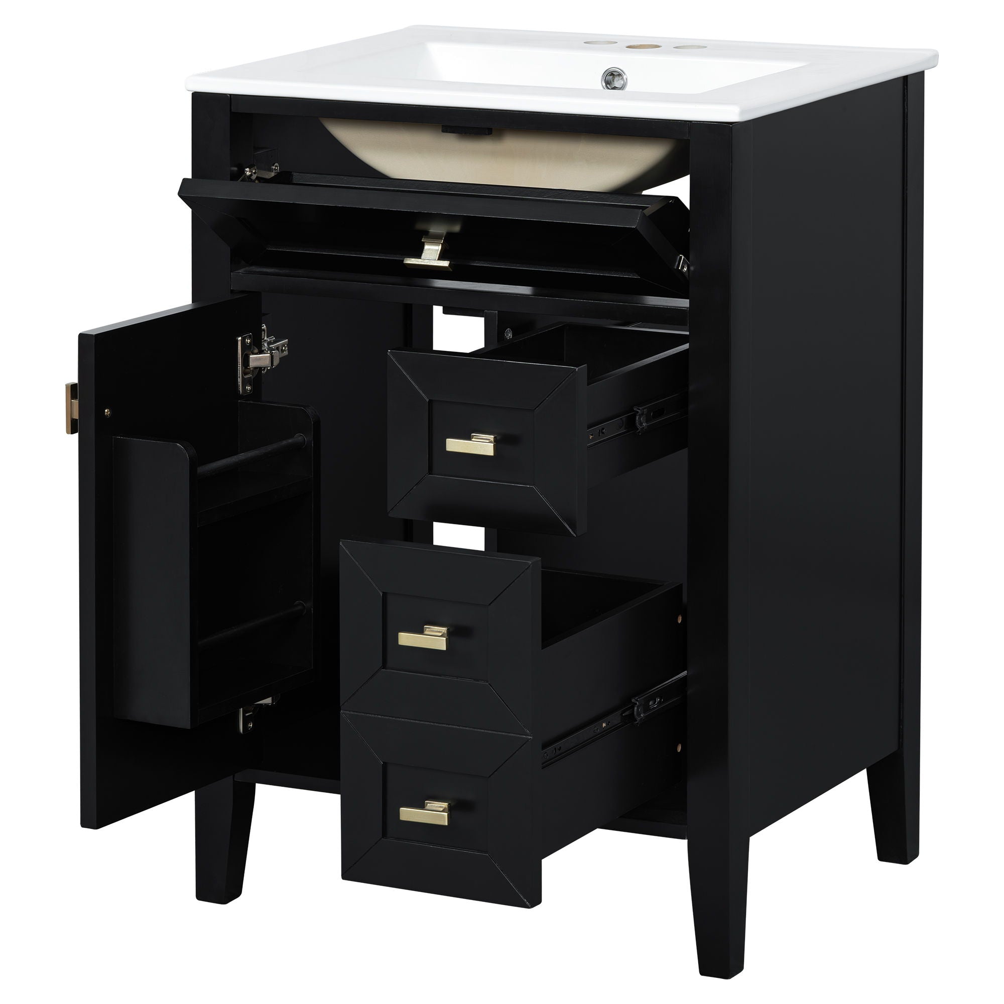 Bathroom Vanity With Sink, 3 Drawers & Cabinet With 2 Tier Door Storage Rack, Soft Close Doors & Drawers