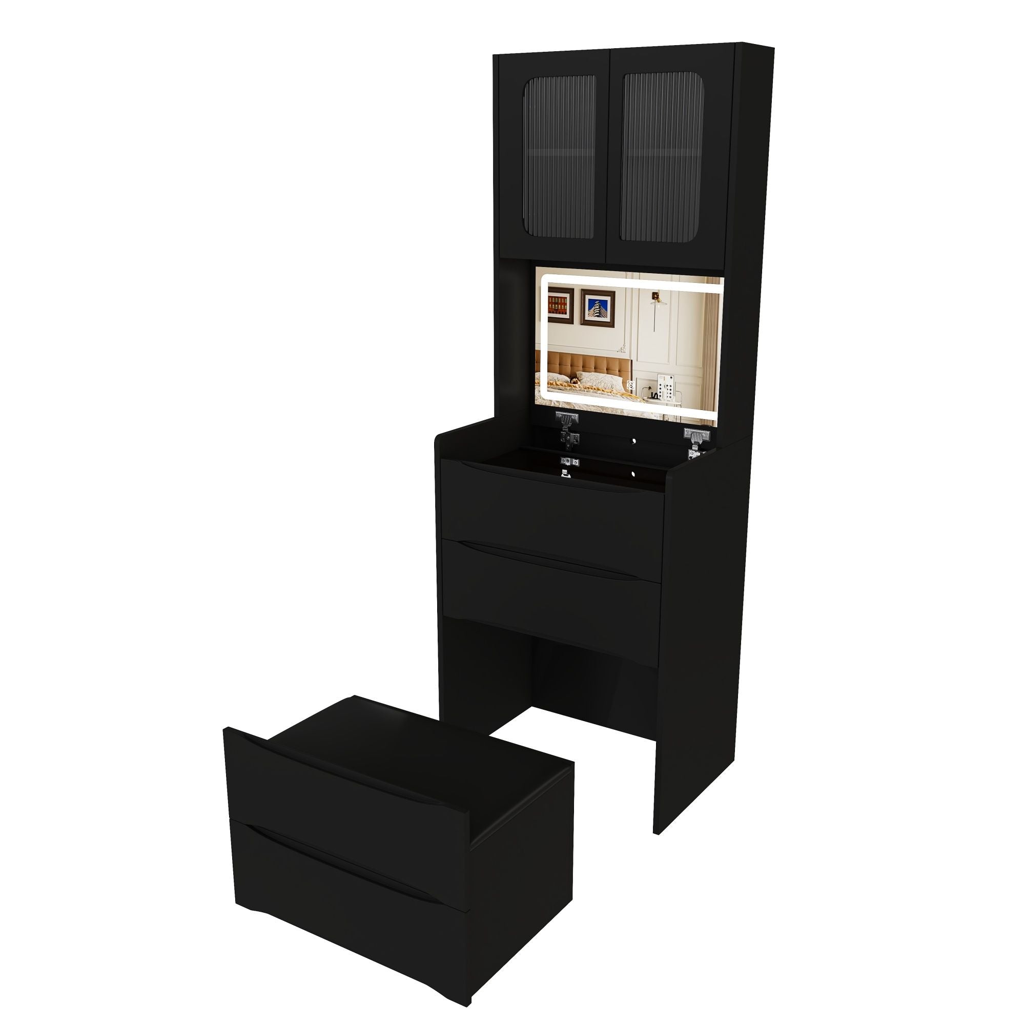 3 In 1 Vanity Table With LED Mirror & Storage Stool For Bedroom