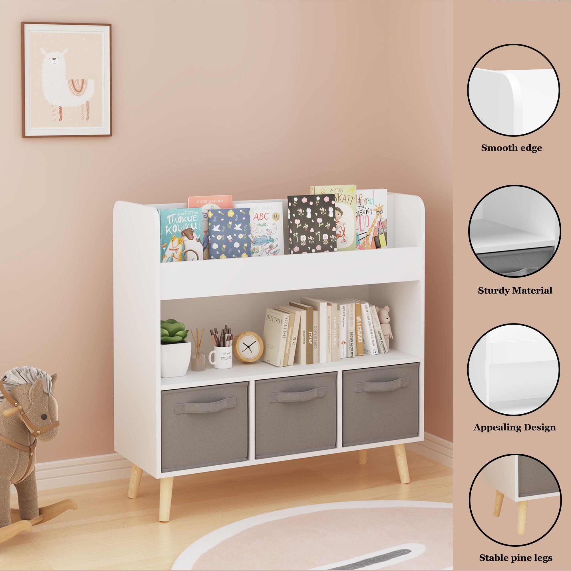Bookshelf With 3 Bins, Storage Shelf For Toys And Books