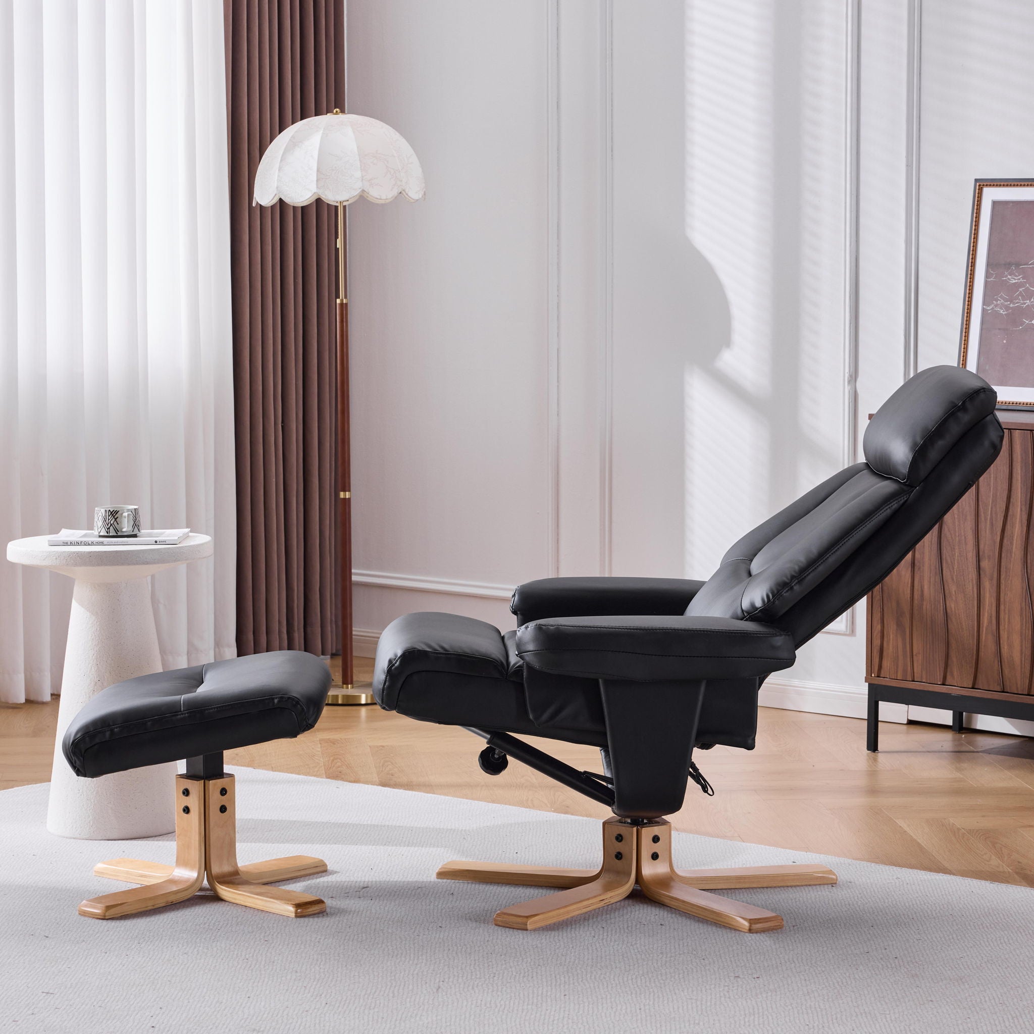 Massage Recliner With Ottoman, 360° Swivel, Heat & Vibration - Black Pu