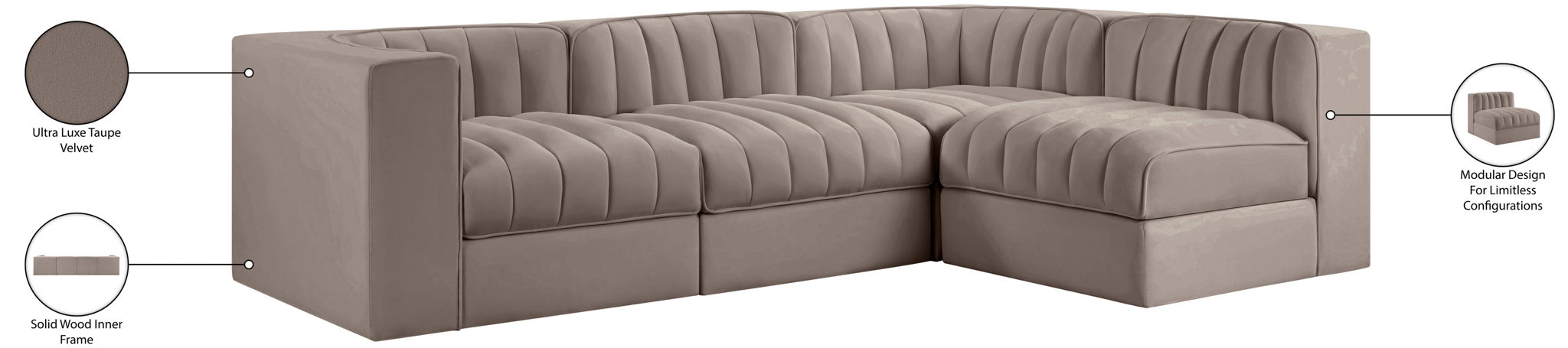 Rummi - Velvet Performance Fabric Upholstered 4 Piece Modular Sectional