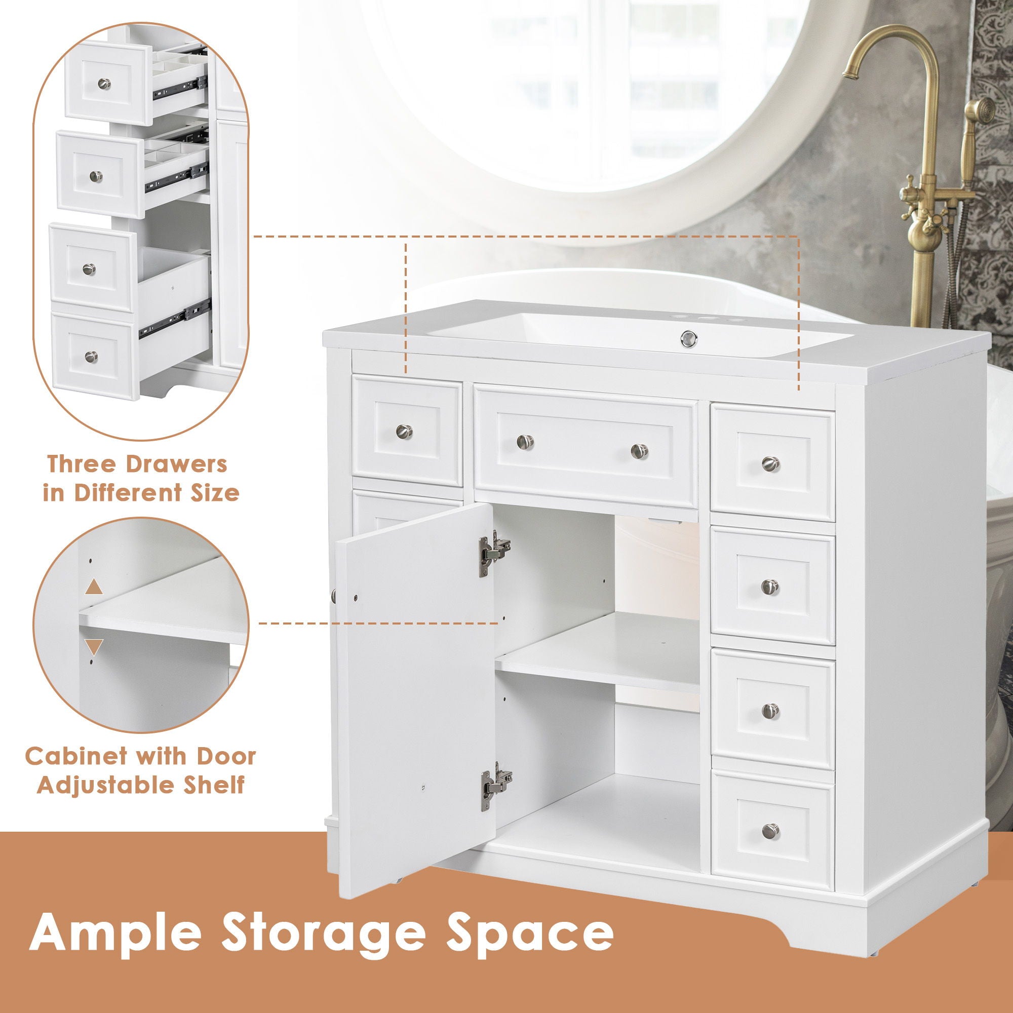 Modern Bathroom Vanity With Sink Combo, 6 Drawers And 1 Cabinet