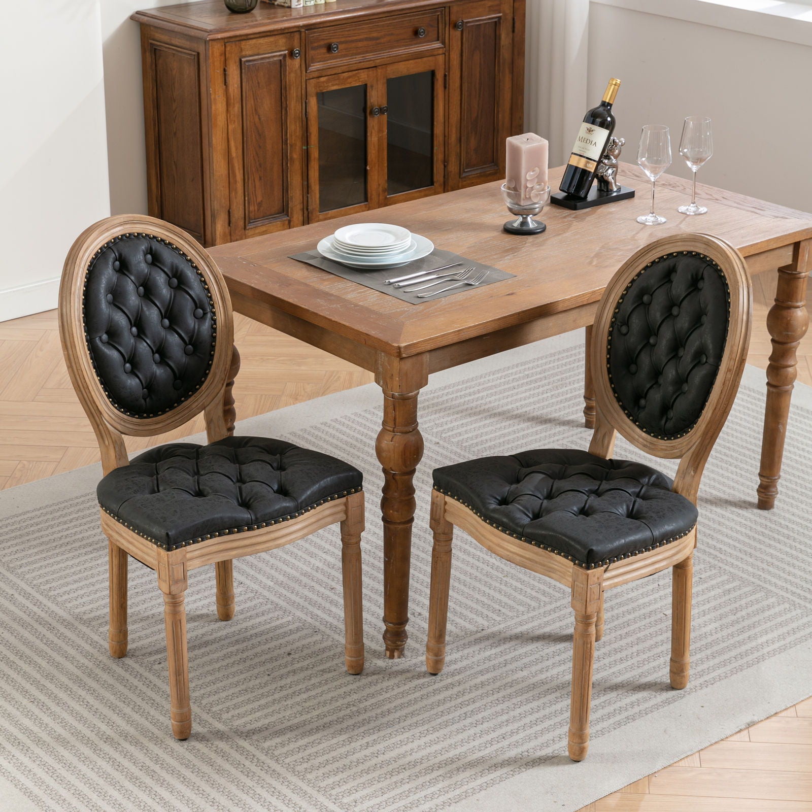 French Style Solid Wood Frame Antique Painting, Hand-Pulled Buckle Decoration Artificial Dining Chair With Nailhead Trim, Wood Legs