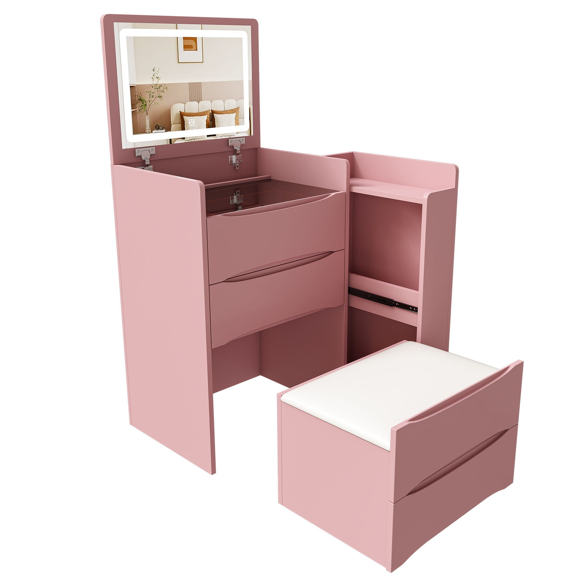 Flip Mirror Vanity Desk With Adjustable LED Lights & Stool For Bedroom