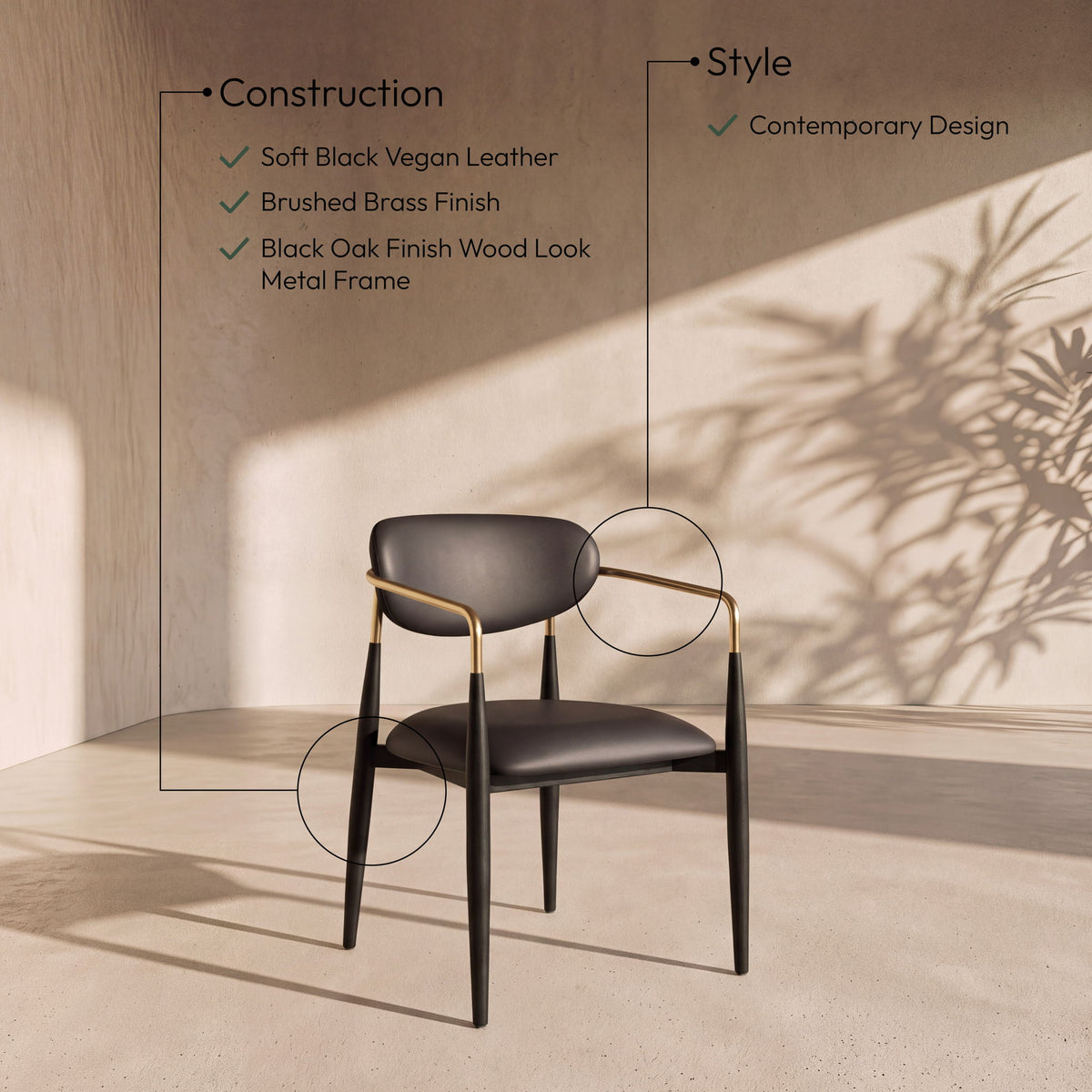 Ronda - Vegan Leather Upholstered Dining Arm Chair - Black Legs