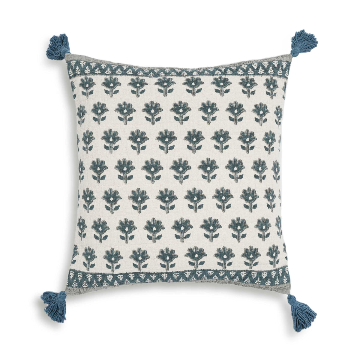 Blossom - 20" Printed Cotton Tassel Accent Cushion - Blue