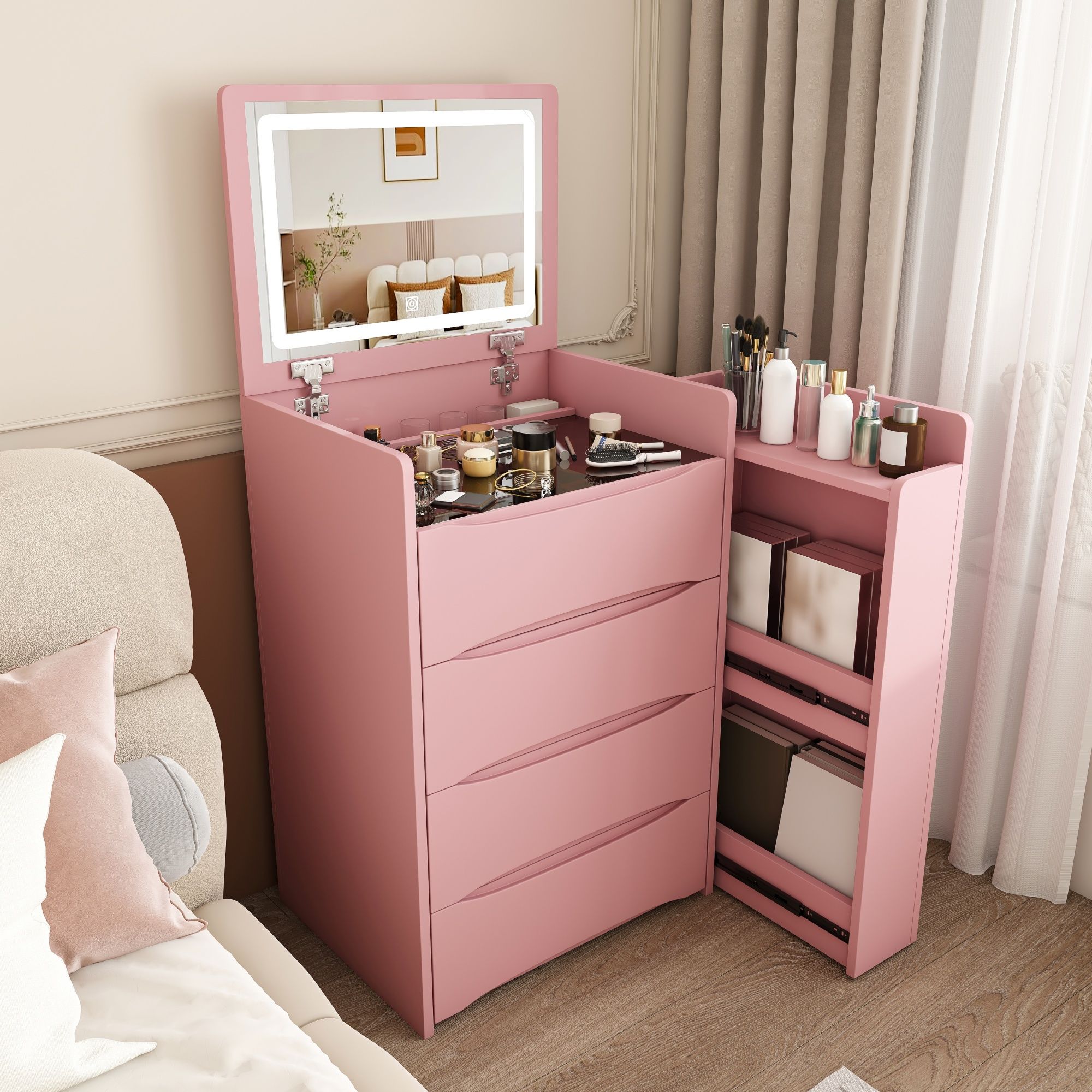 Flip Mirror Vanity Desk With Adjustable LED Lights & Stool For Bedroom
