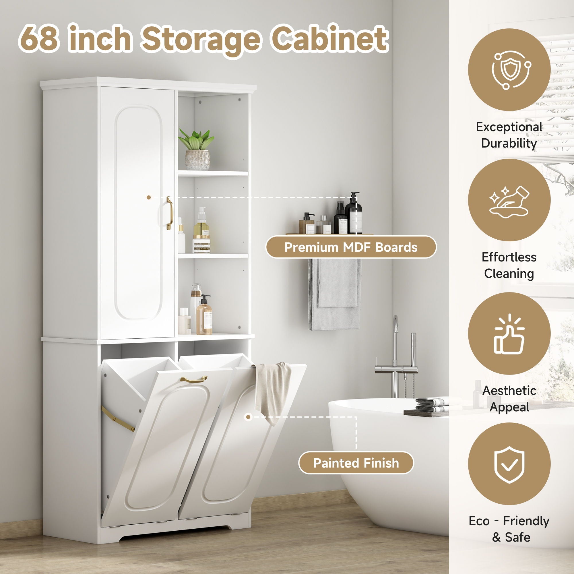 Freestanding Tall Storage Cabinet With 2 Tilt Out Hampers