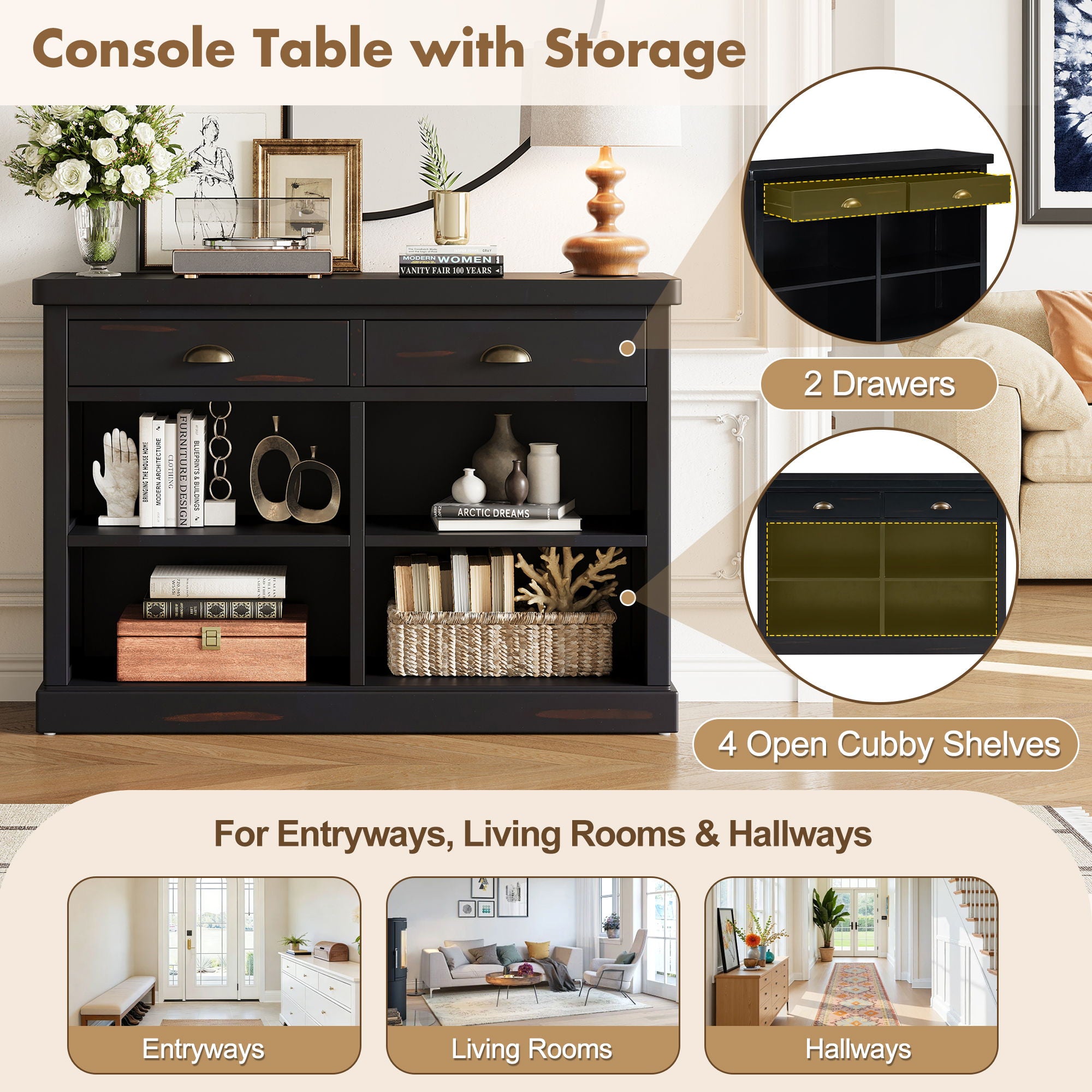 Console Table With 2 Drawers And Open Shelves