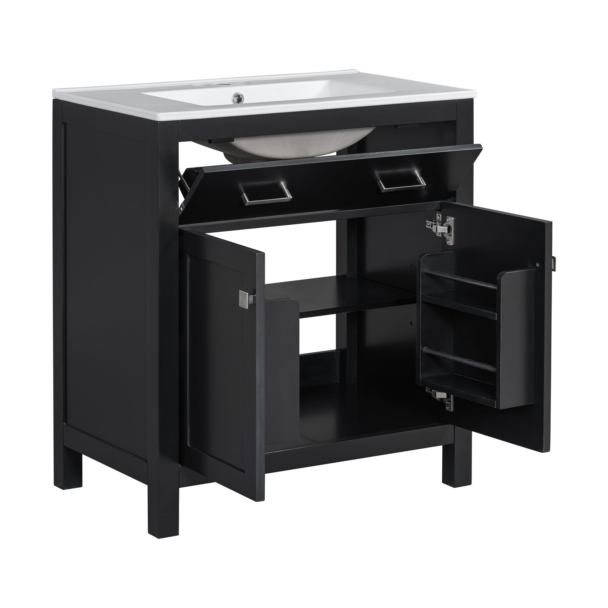 Bathroom Vanity With Ceramic Sink, Modern Single Bathroom Cabinet With 2 Doors And A Shelf, Soft Close Doors
