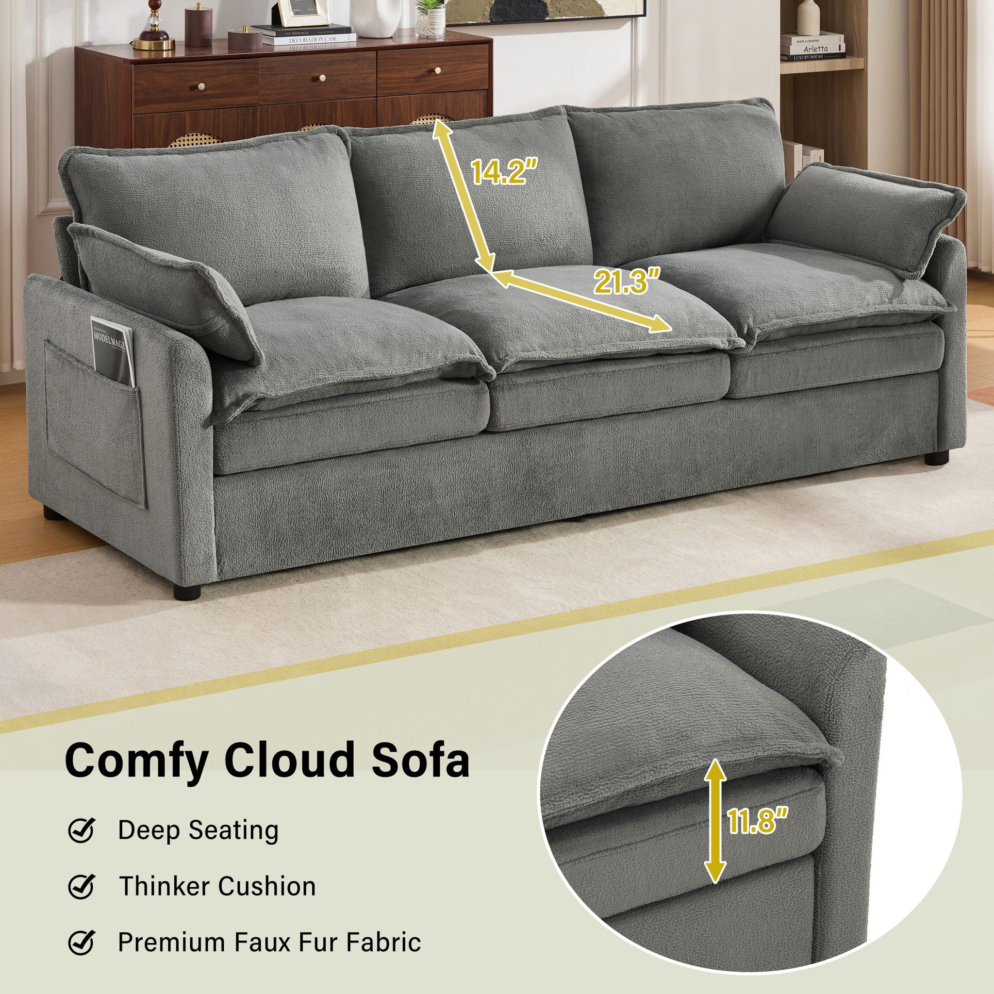 Modern Sofa Set With Double Layer Cushion And Side Storage Pockets