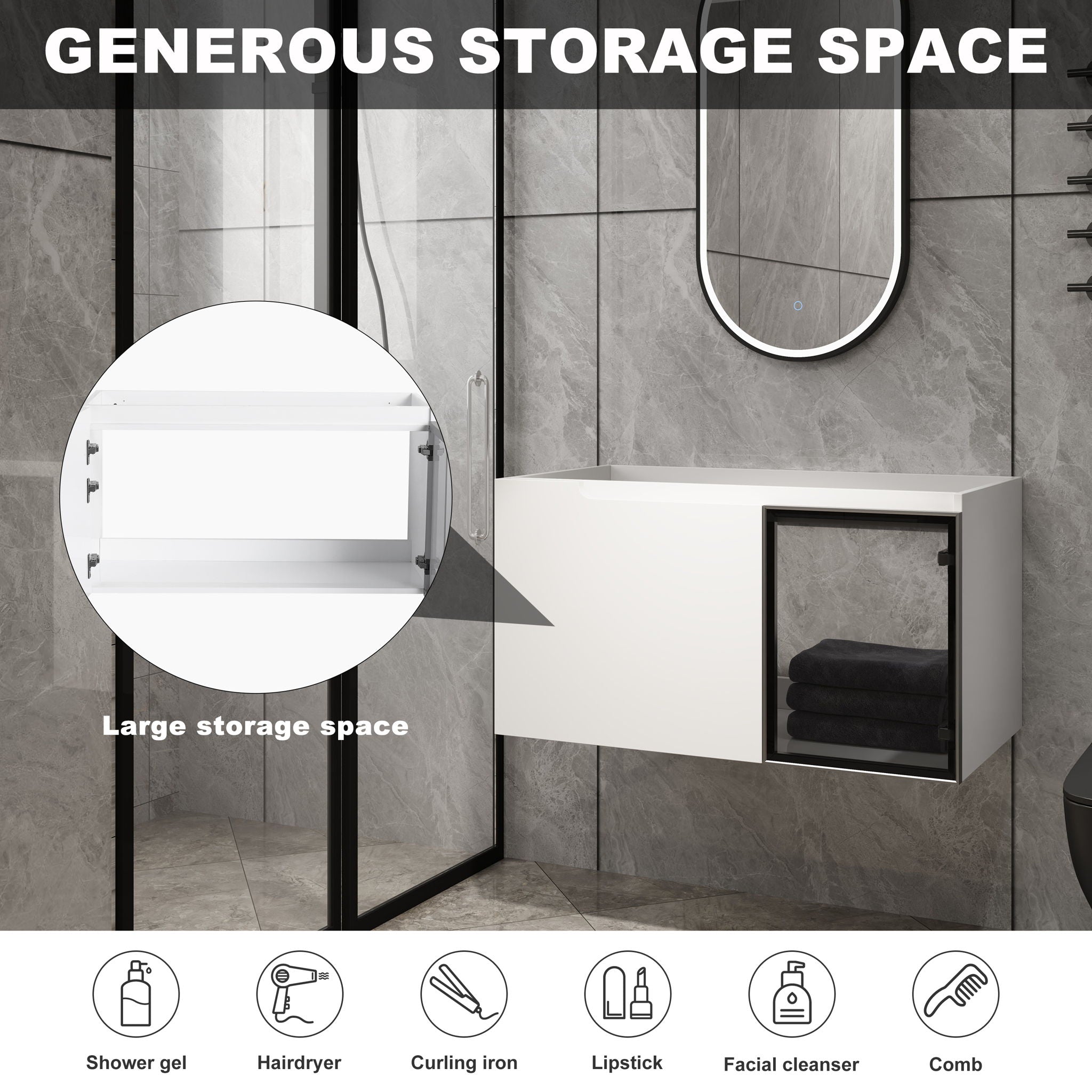 36" (35 1 / 4") Wall Mounted Bathroom Vanity, Cabinet With Half Door (Excluding Sink) - Glossy White
