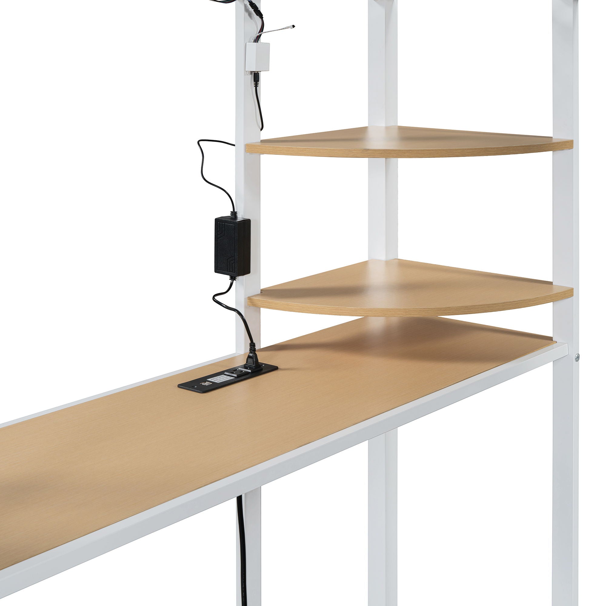 Full Size Loft Bed With Desk, Shelves, Power Outlet, LED Light And Wardrobe - White