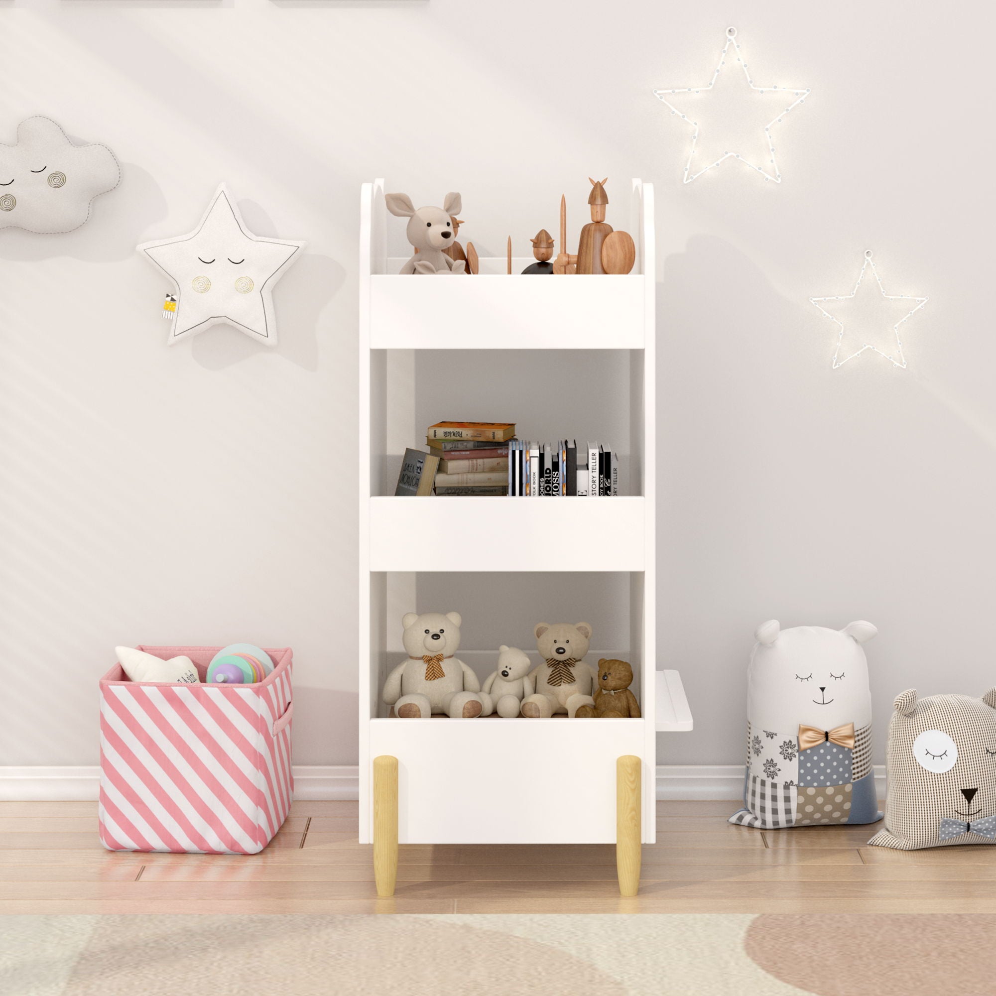 Bear Shaped Bookshelf With Chalkboard Side, 3 Tier Storage Organizer For Playroom - White